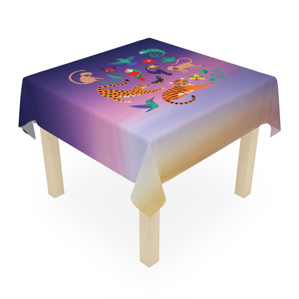 Jungle Sunset Tablecloth — Colorful Tropical Animals Centerpiece Print