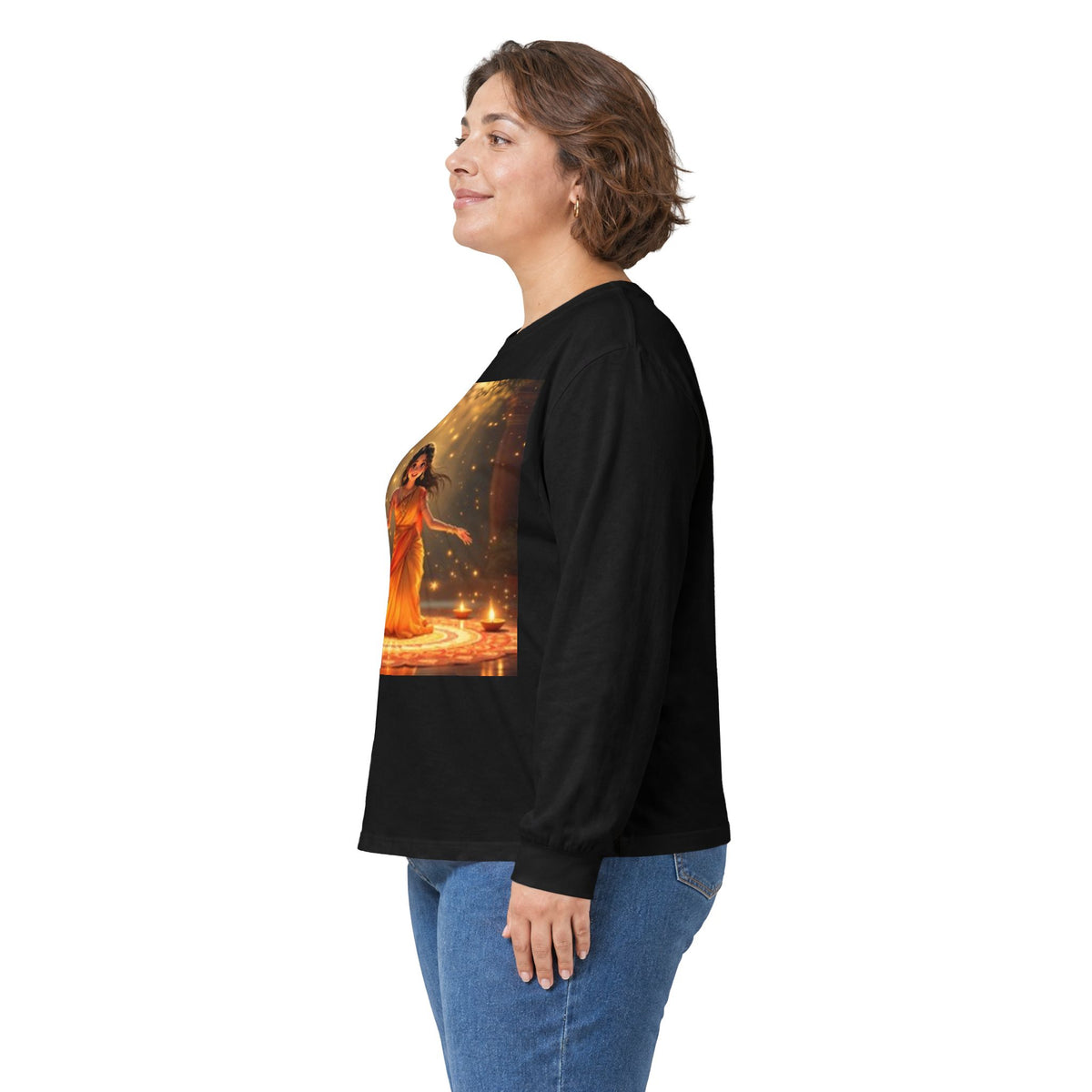 Dancing Goddess Long Sleeve Tee — Festive Indian Festival Candle Design