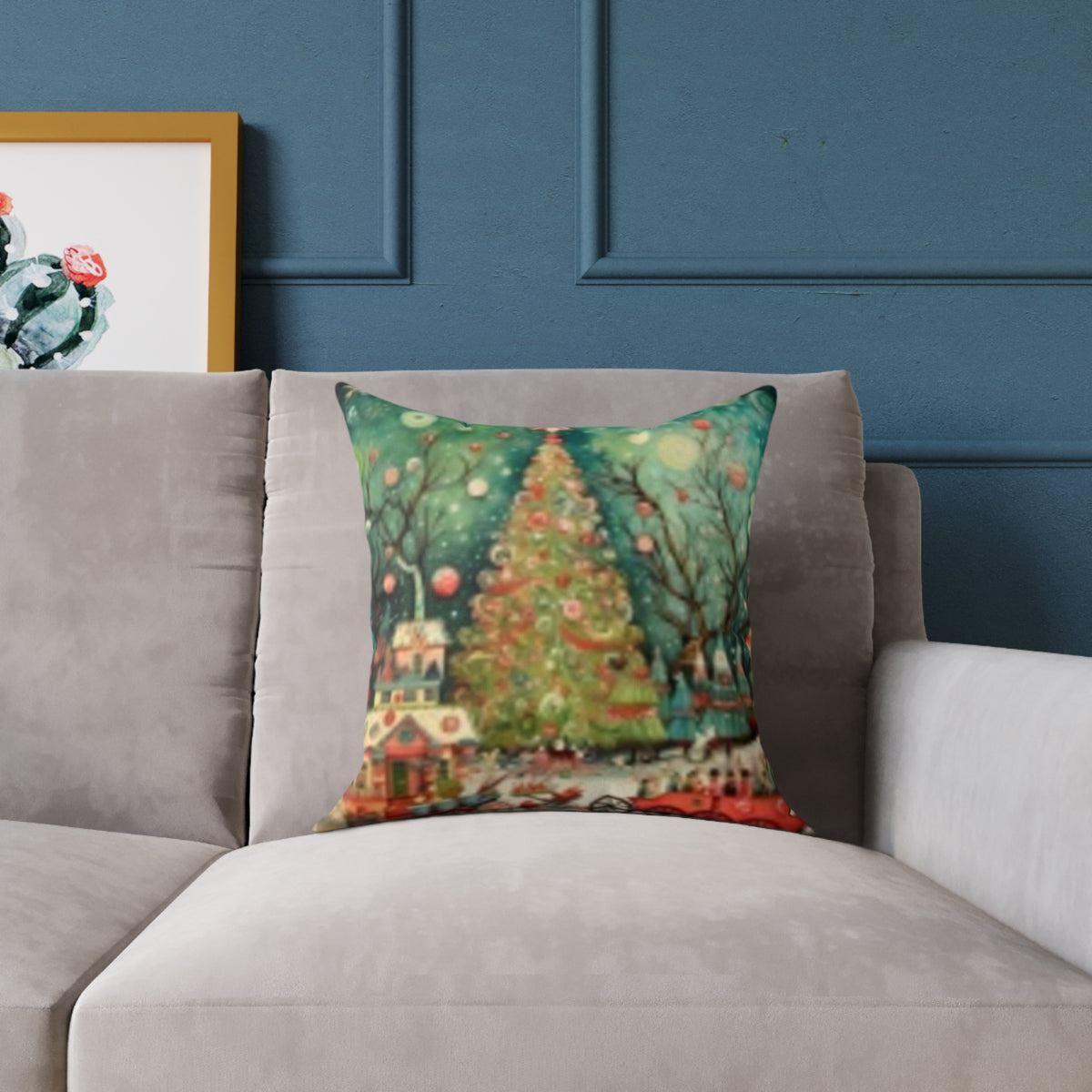 Christmas Tree Village Square Pillow — Festive Holiday Throw with Colorful Stars