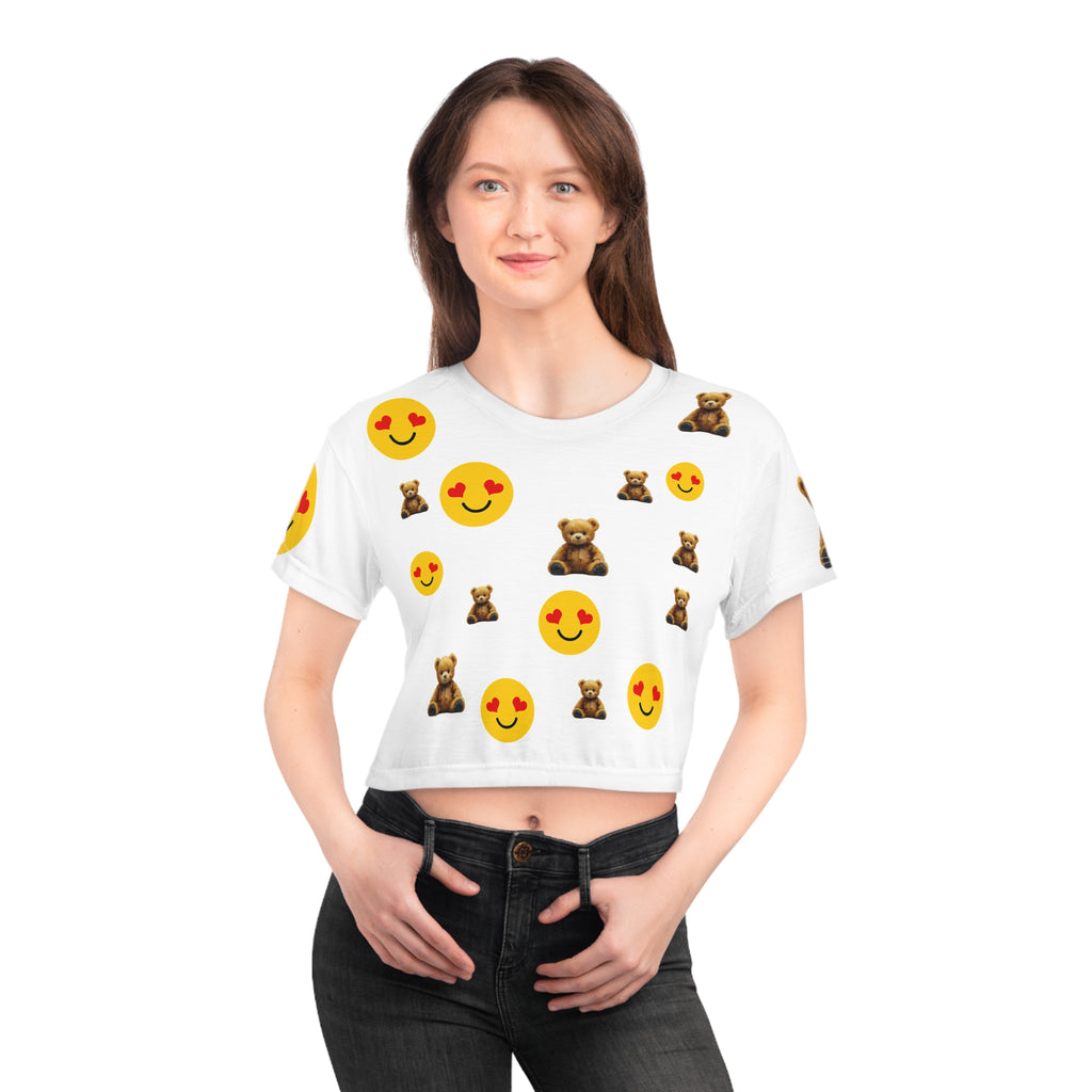 Teddy Bear & Heart Eyes Emoji Crop Tee — Cute Playful Graphic Top