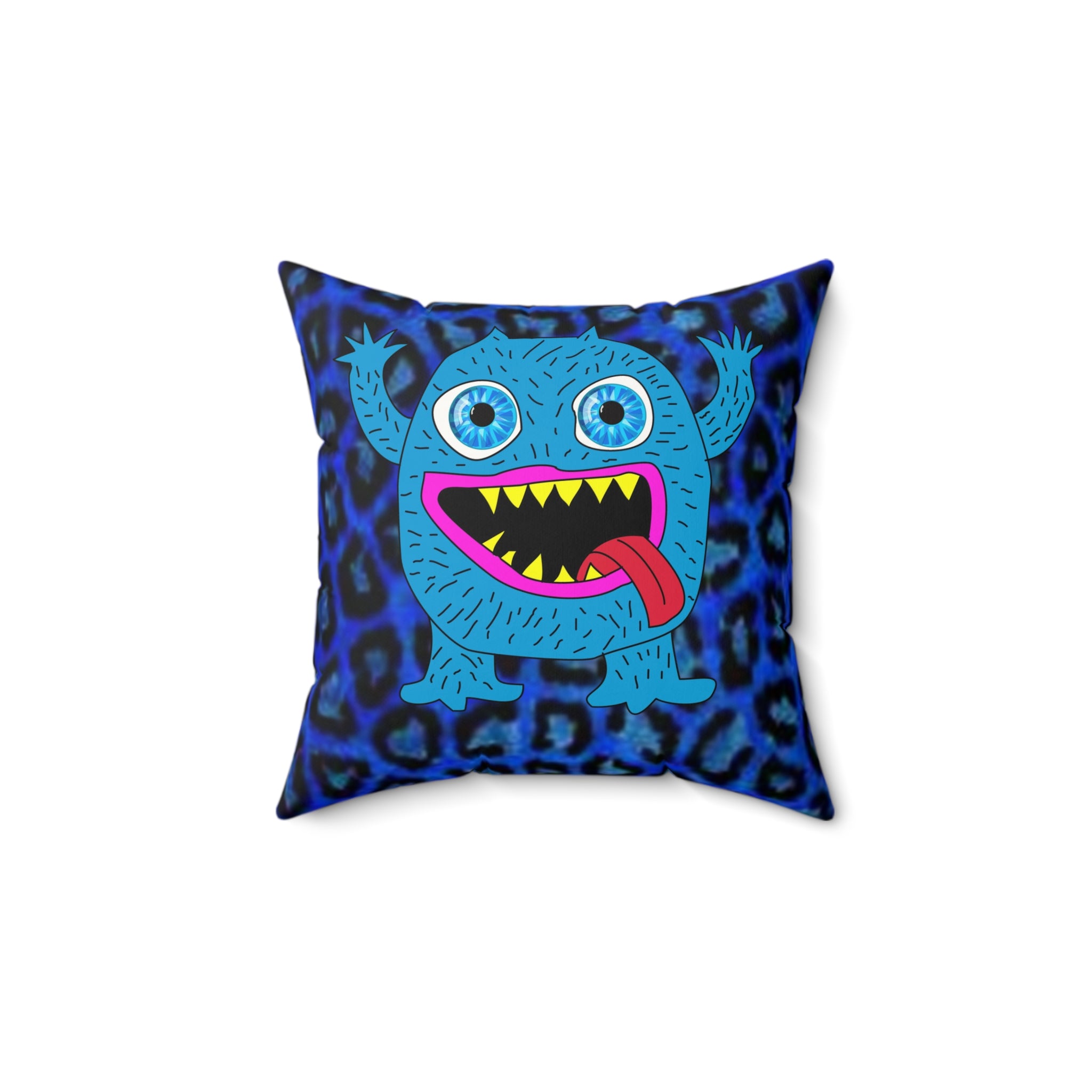 Blue Cartoon Monster Throw Pillow — Cute Fuzzy Monster Decorative Pillow