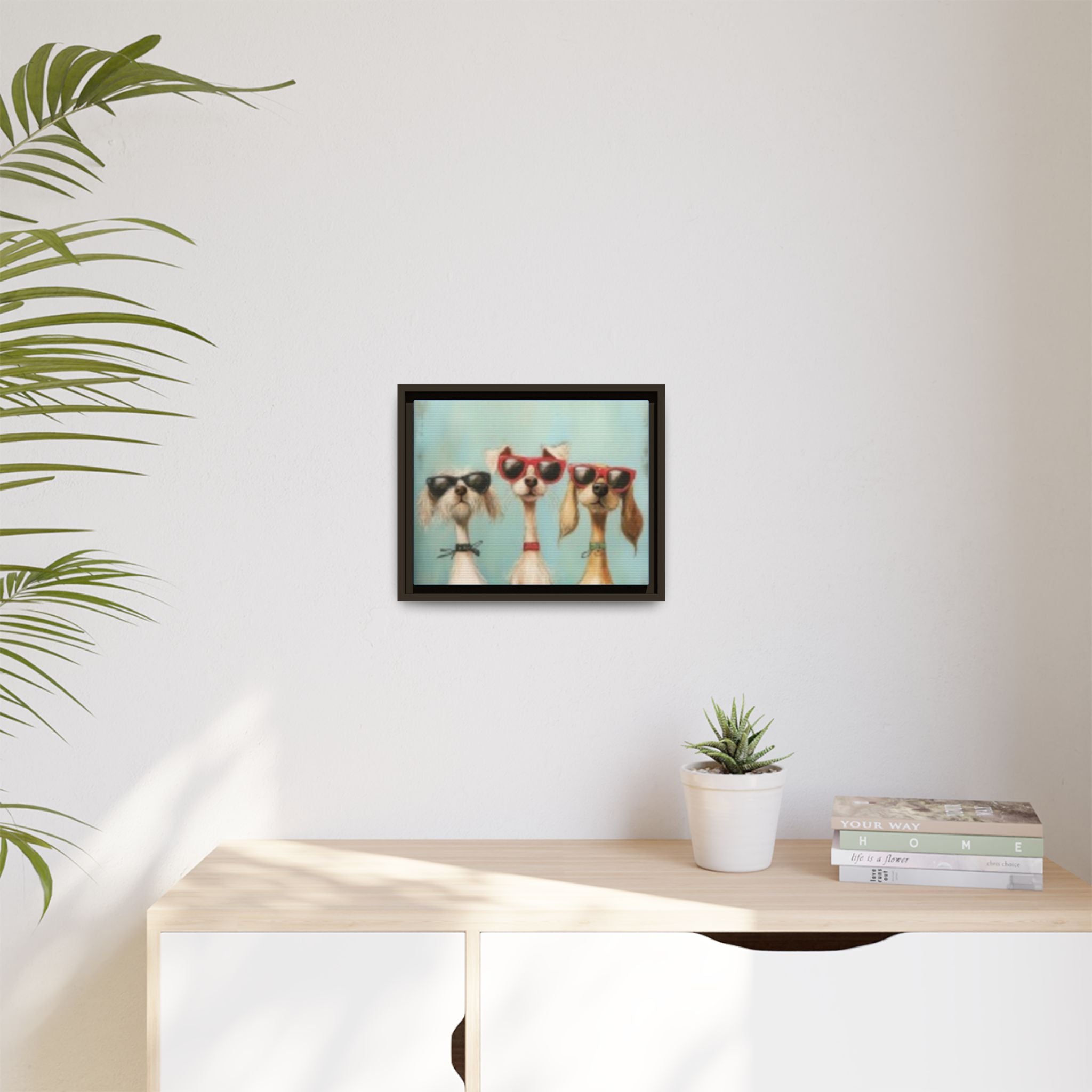 Framed Matte Canvas — Three Cool Dogs in Sunglasses Wall Art