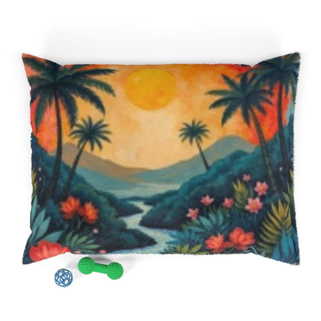 Tropical Sunset Pet Bed — Floral Palm Island Print for Dogs & Cats