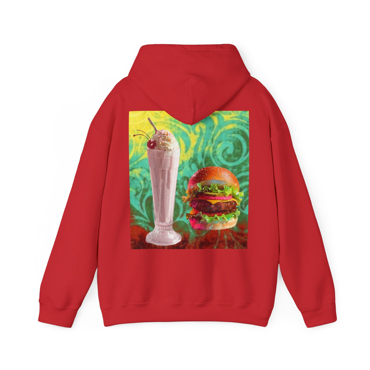 Burger & Strawberry Milkshake Hoodie — Retro Diner Food Graphic Hoodie