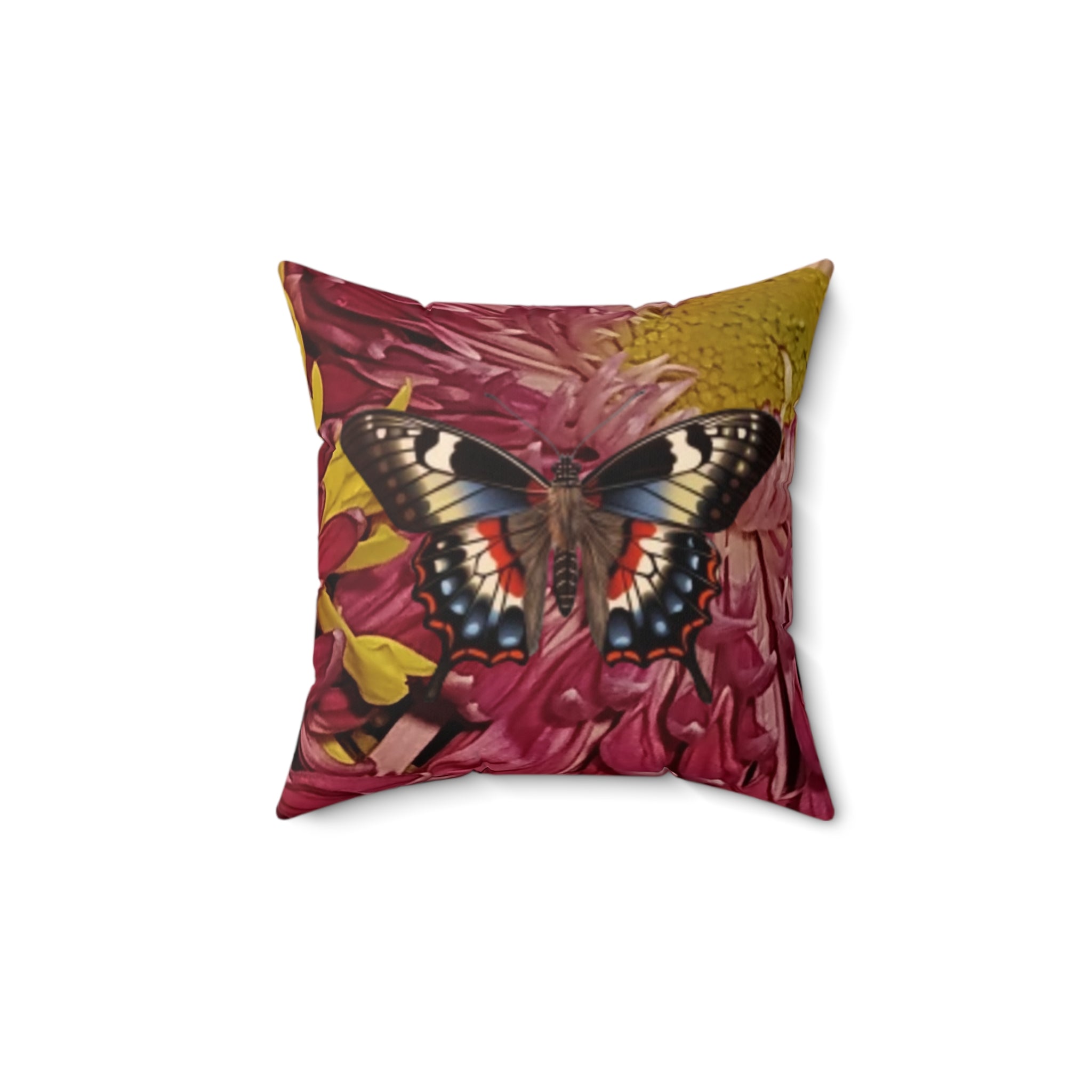 Mary Jordan & Butterfly Floral Throw Pillow — Custom Portrait on Burgundy Chrysanthemum