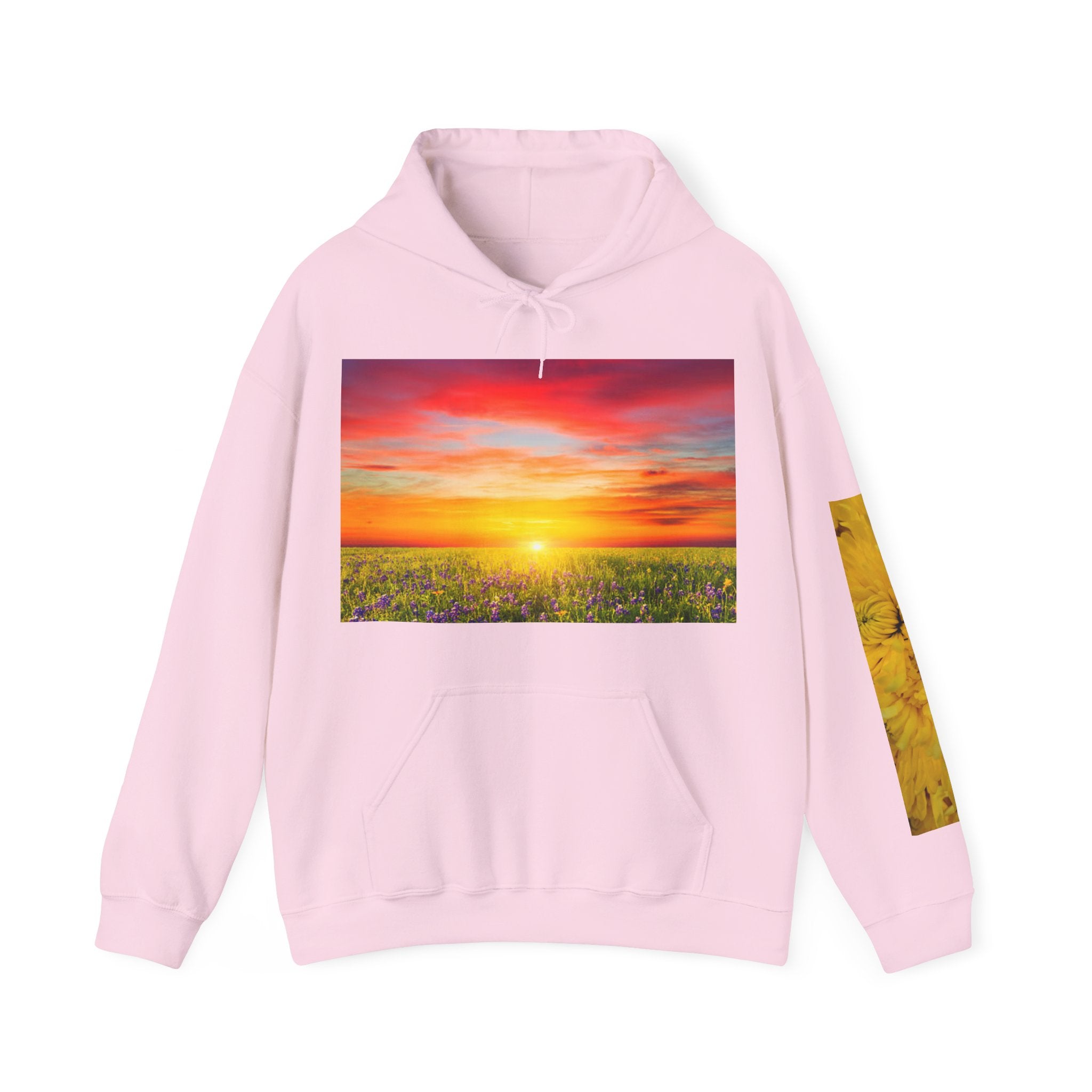Sunrise Meadow & Horse Graphic Hoodie — Scenic Sunset Landscape and Saddled Horse Print