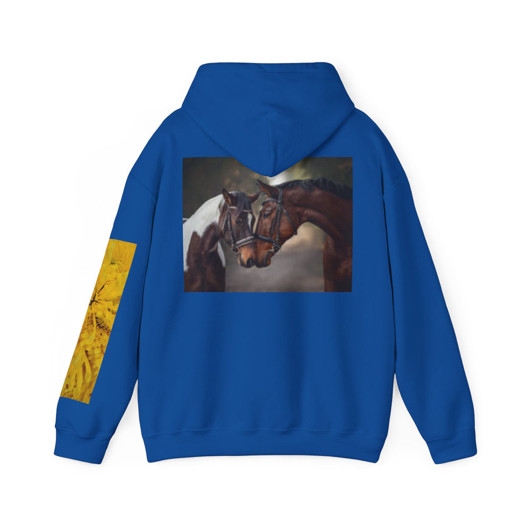 Sunrise Meadow & Horse Graphic Hoodie — Scenic Sunset Landscape and Saddled Horse Print