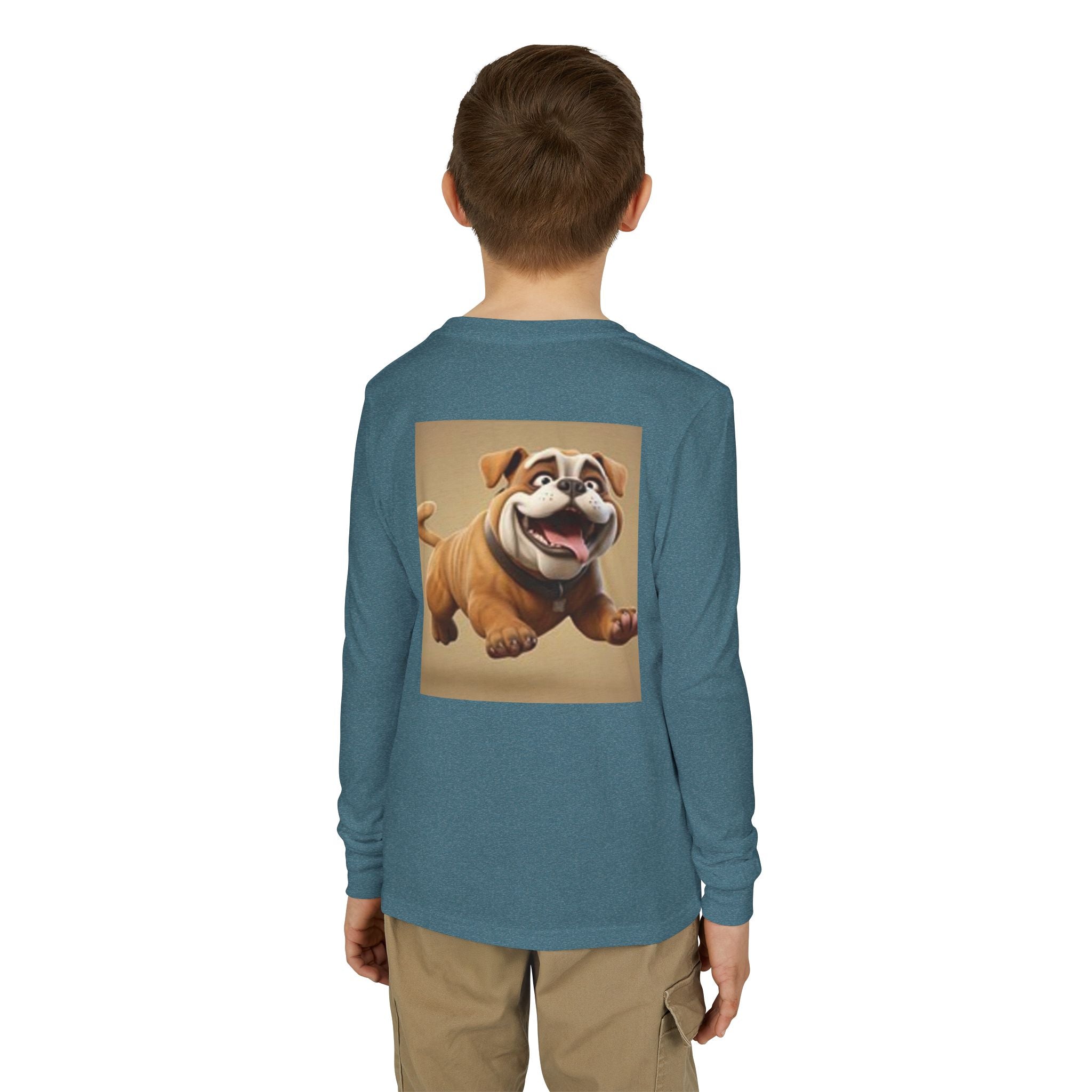 Youth Long Sleeve Tee — Playful Space Planets & Happy Bulldog Graphic