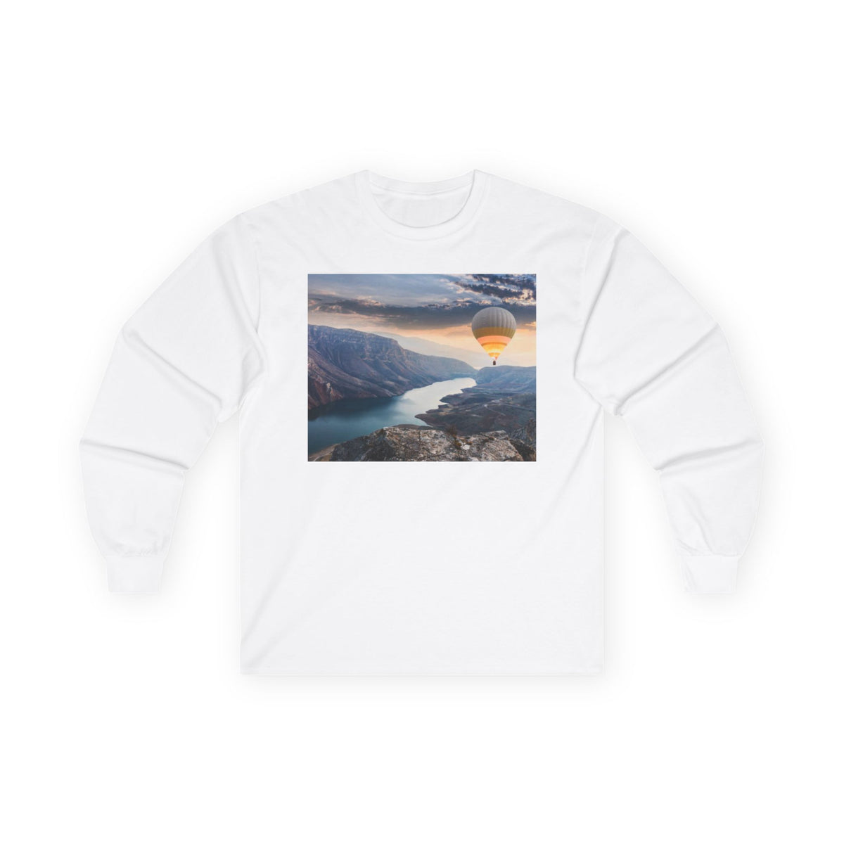 Hot Air Balloon Over Fjord Long Sleeve Tee — Scenic Travel Photography Shirt