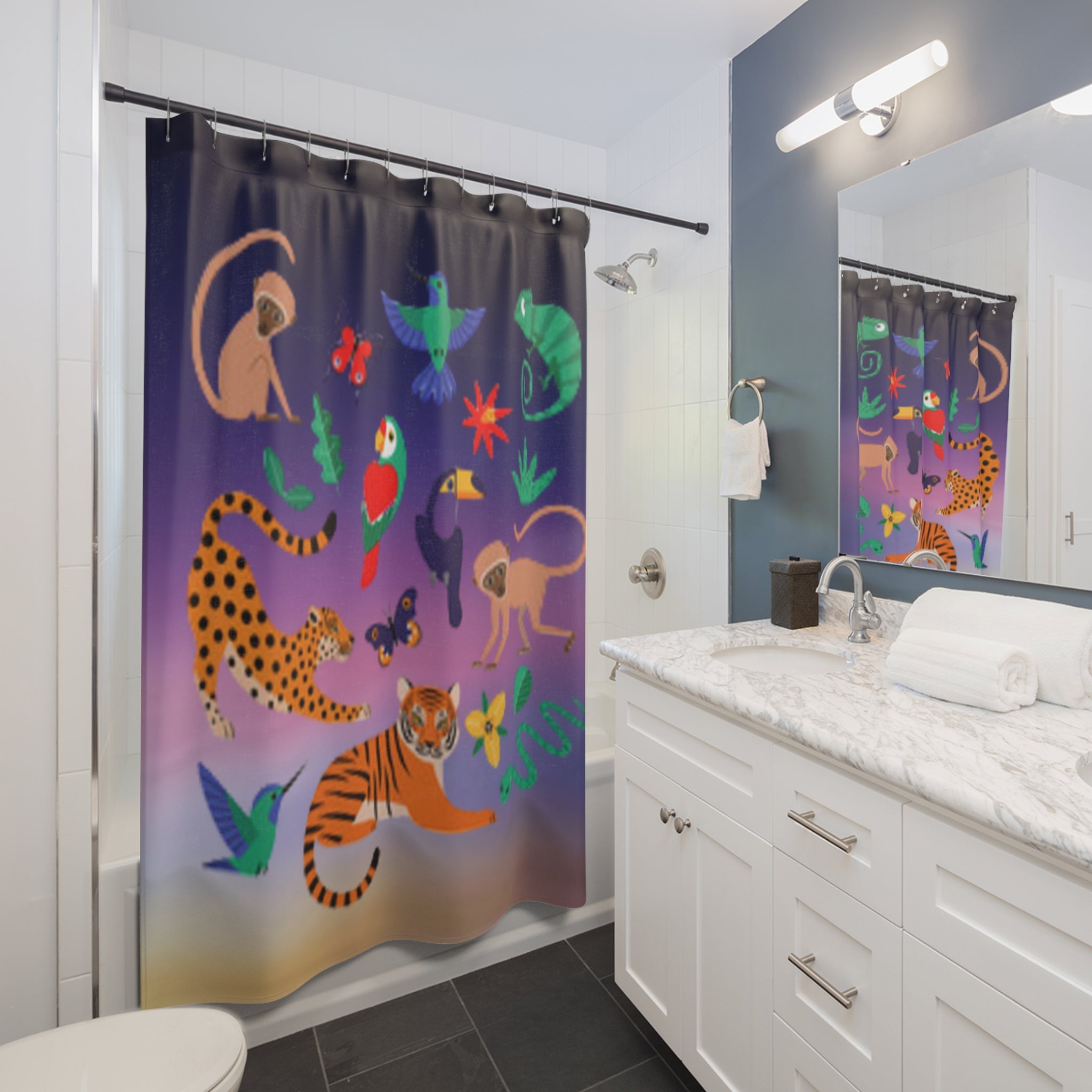 Tropical Jungle Animals Shower Curtain — Colorful Parrot, Tiger & Toucan Bathroom Decor