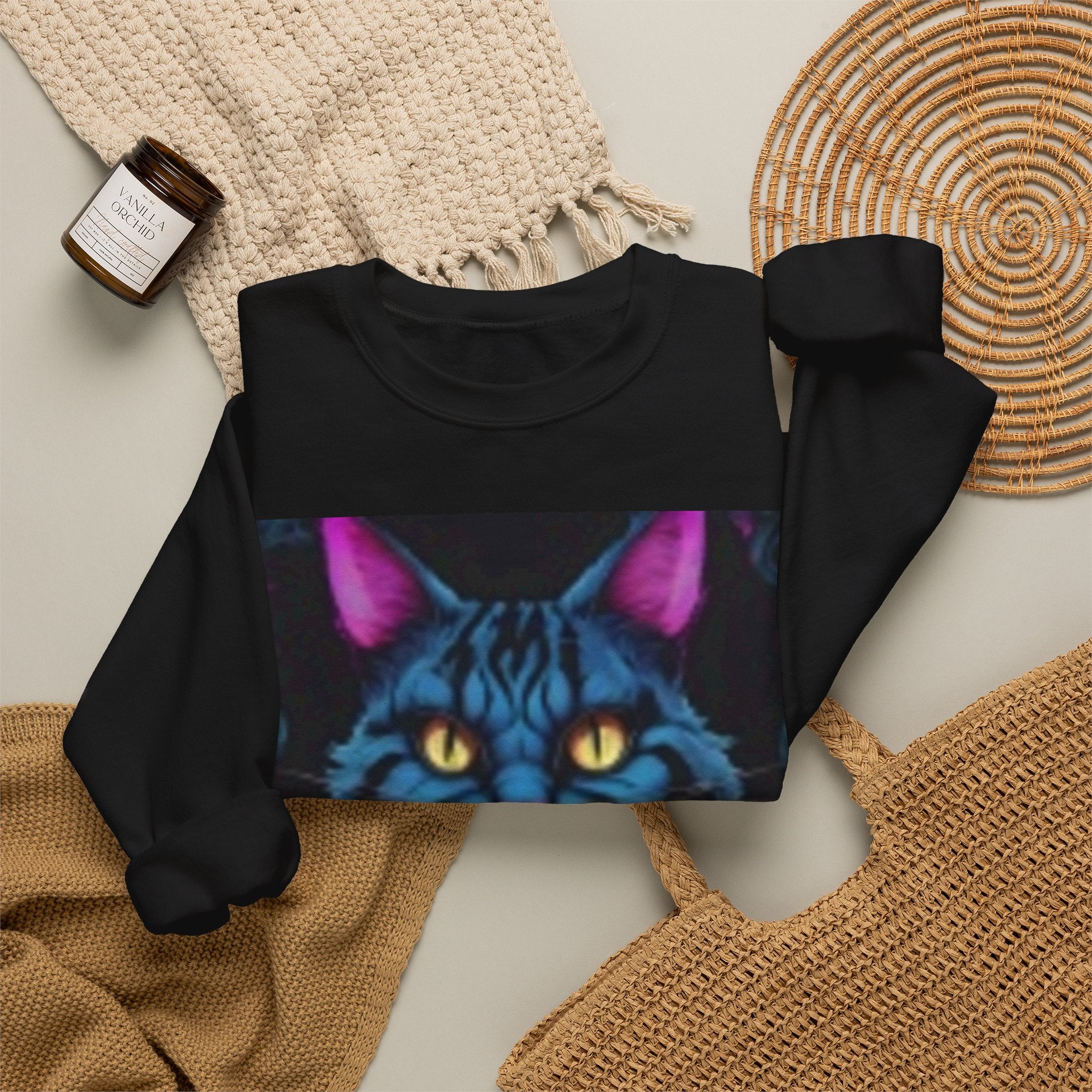 Halloween Cat Crewneck Sweatshirt — Mystical Blue Tabby with Pumpkins