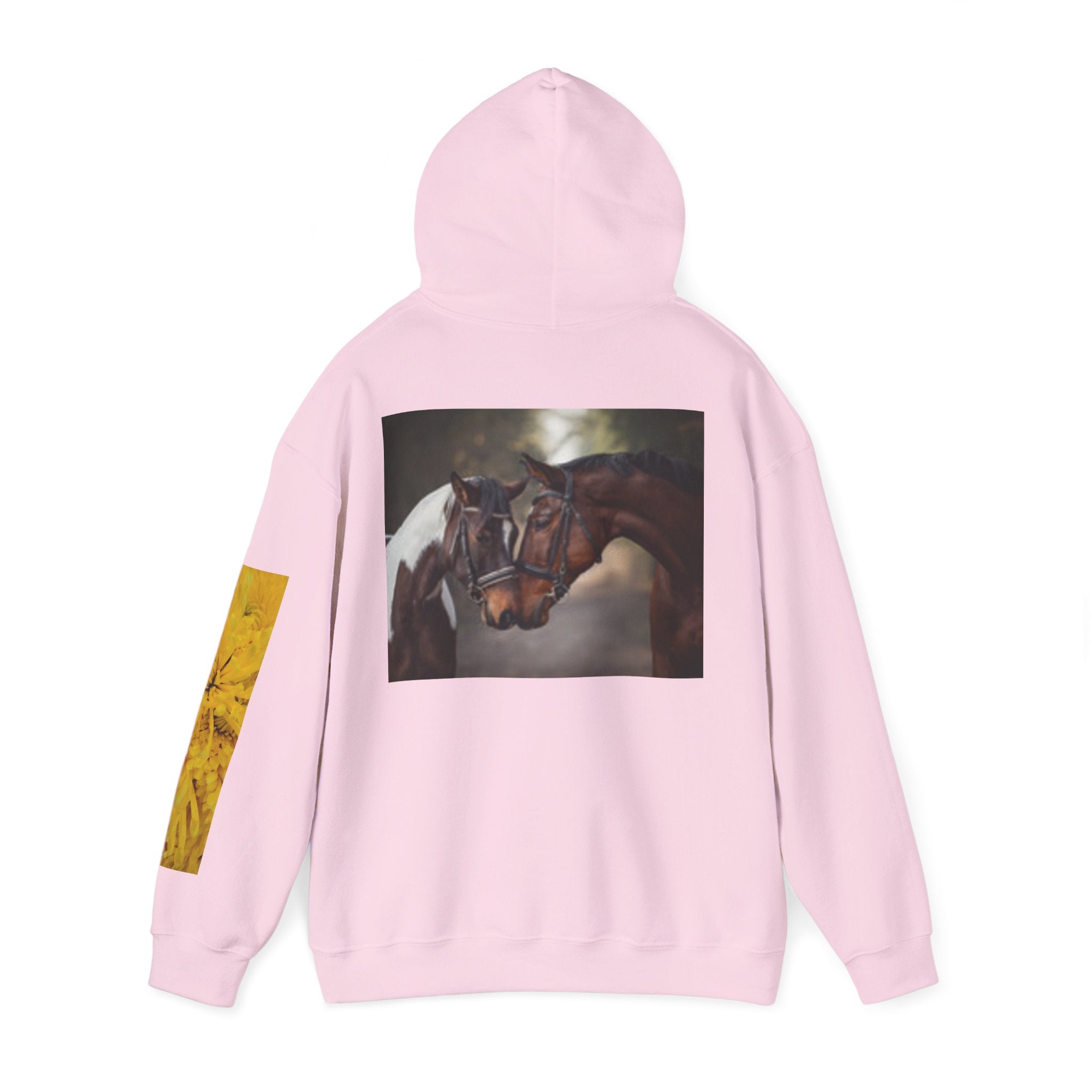 Sunrise Meadow & Horse Graphic Hoodie — Scenic Sunset Landscape and Saddled Horse Print