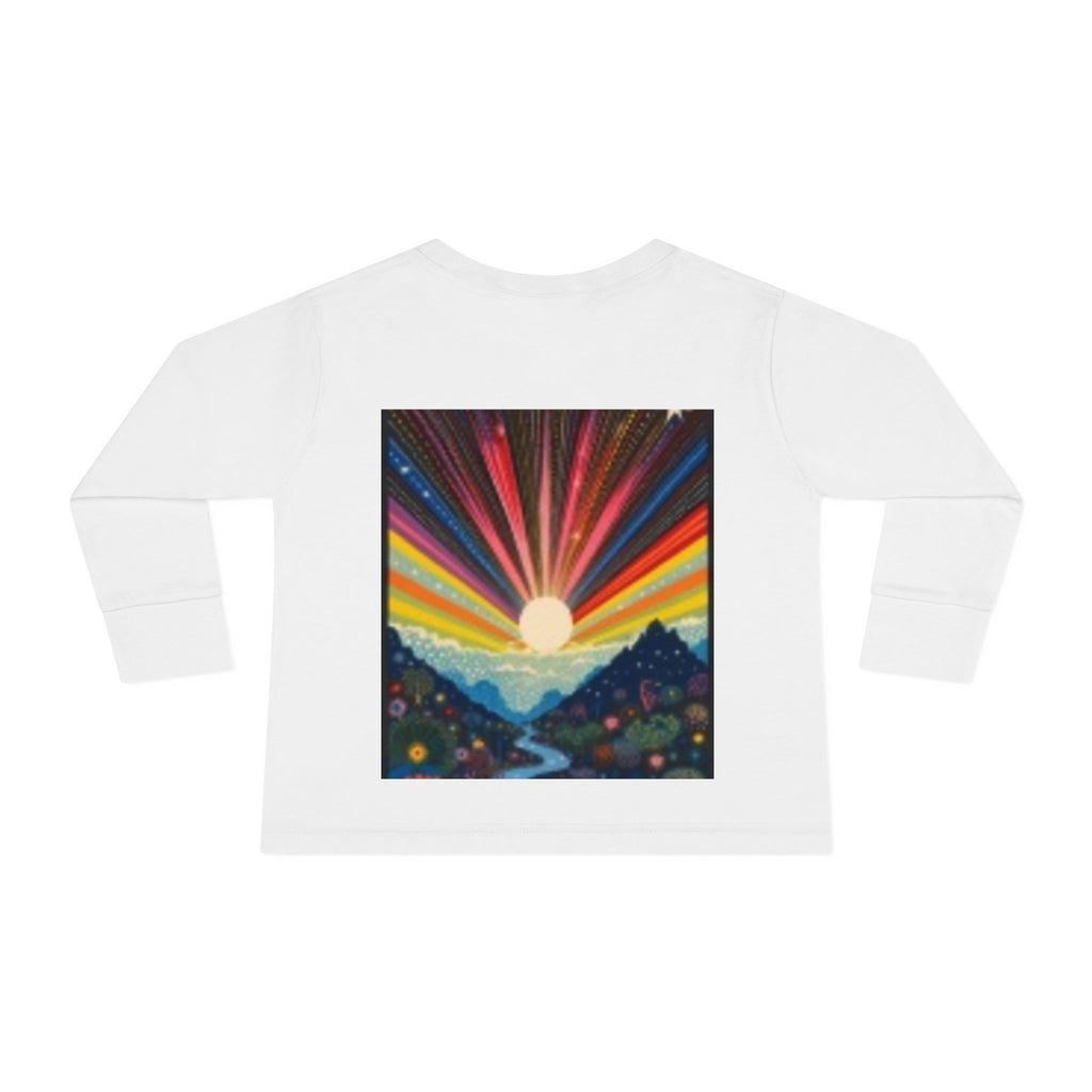 Toddler Long Sleeve Tee — Playful Robot & Colorful Sunrise Graphic Shirt