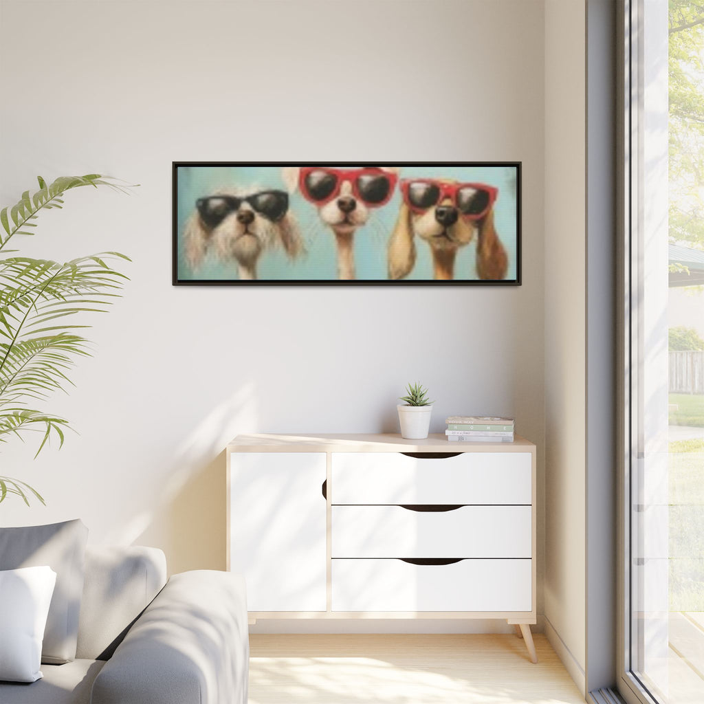 Framed Matte Canvas — Three Cool Dogs in Sunglasses Wall Art
