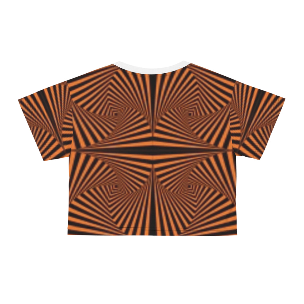Optical Illusion Orange Geo Crop Tee — Retro Psychedelic Patterned Women's Top