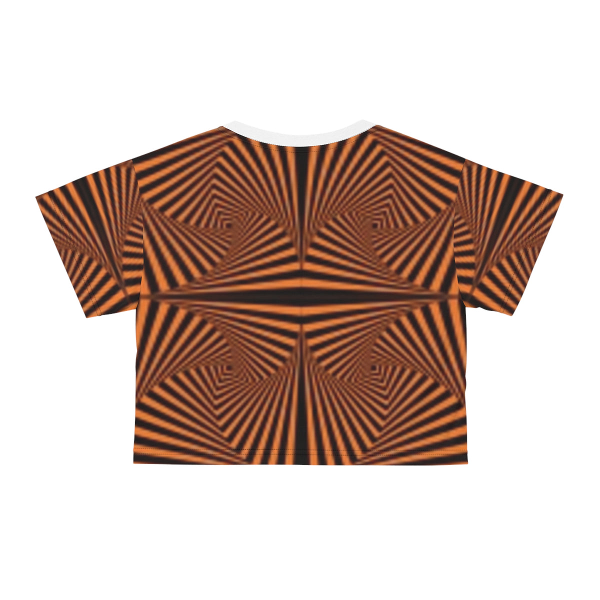 Optical Illusion Orange Geo Crop Tee — Retro Psychedelic Patterned Women's Top