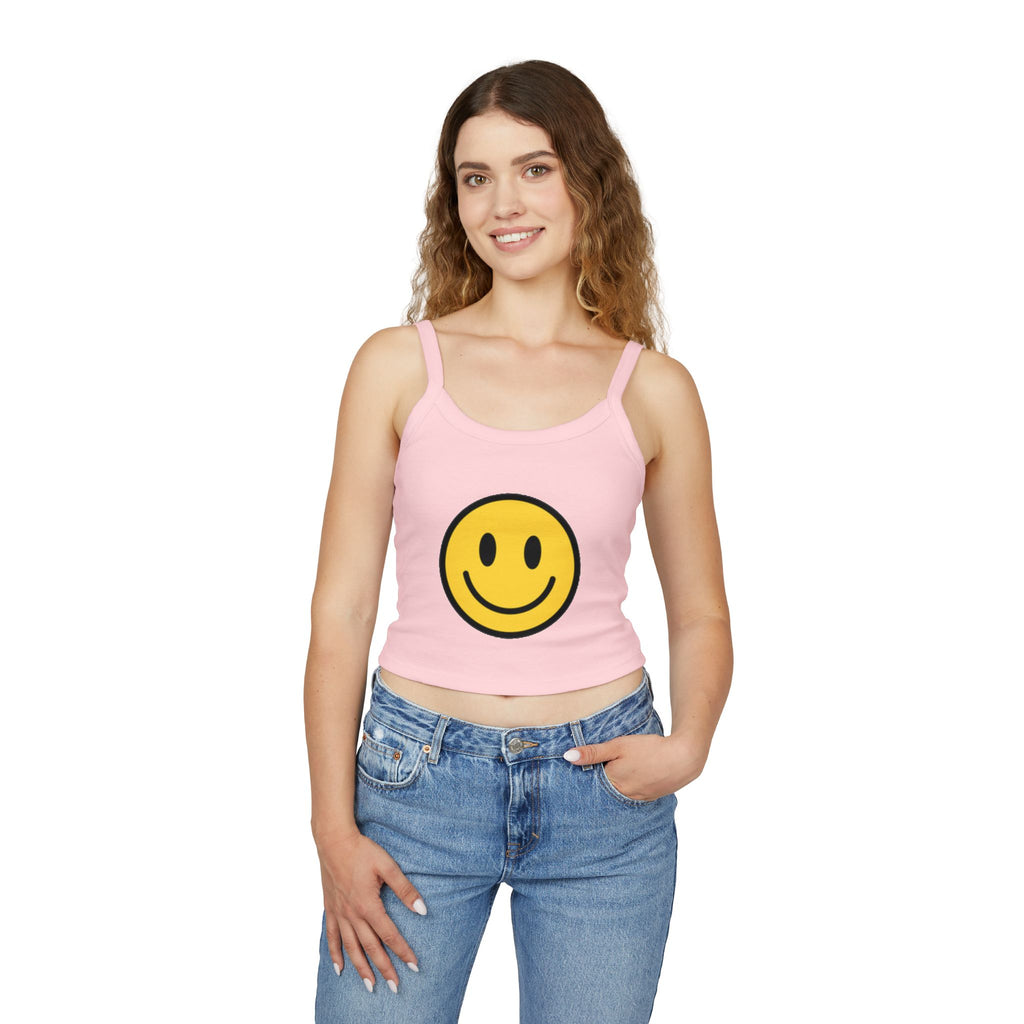 Smiley Face Crop Tank — Women's Spaghetti Strap Smile Graphic Tank Top