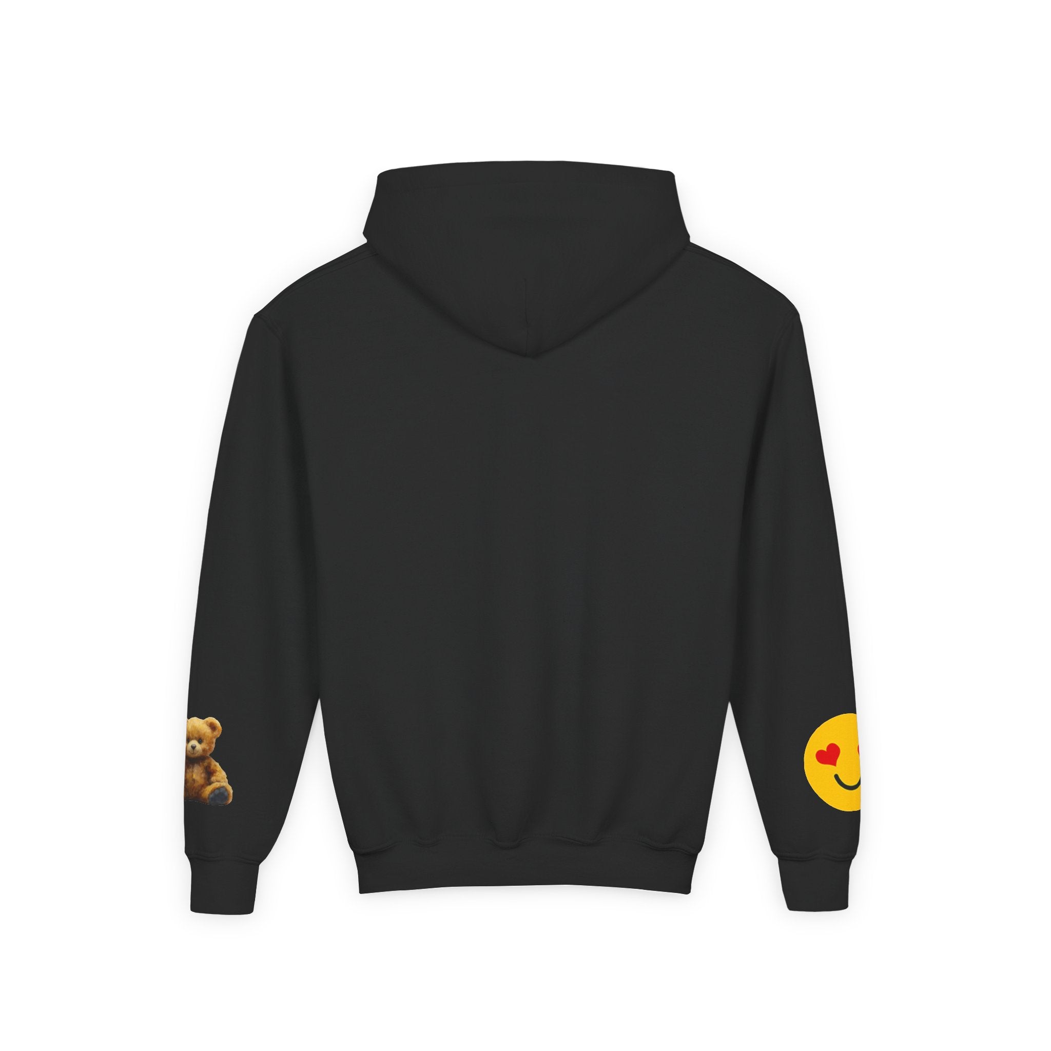 Youth Hoodie with Teddy Bear & Heart-Eyes Emoji Sleeve Accents