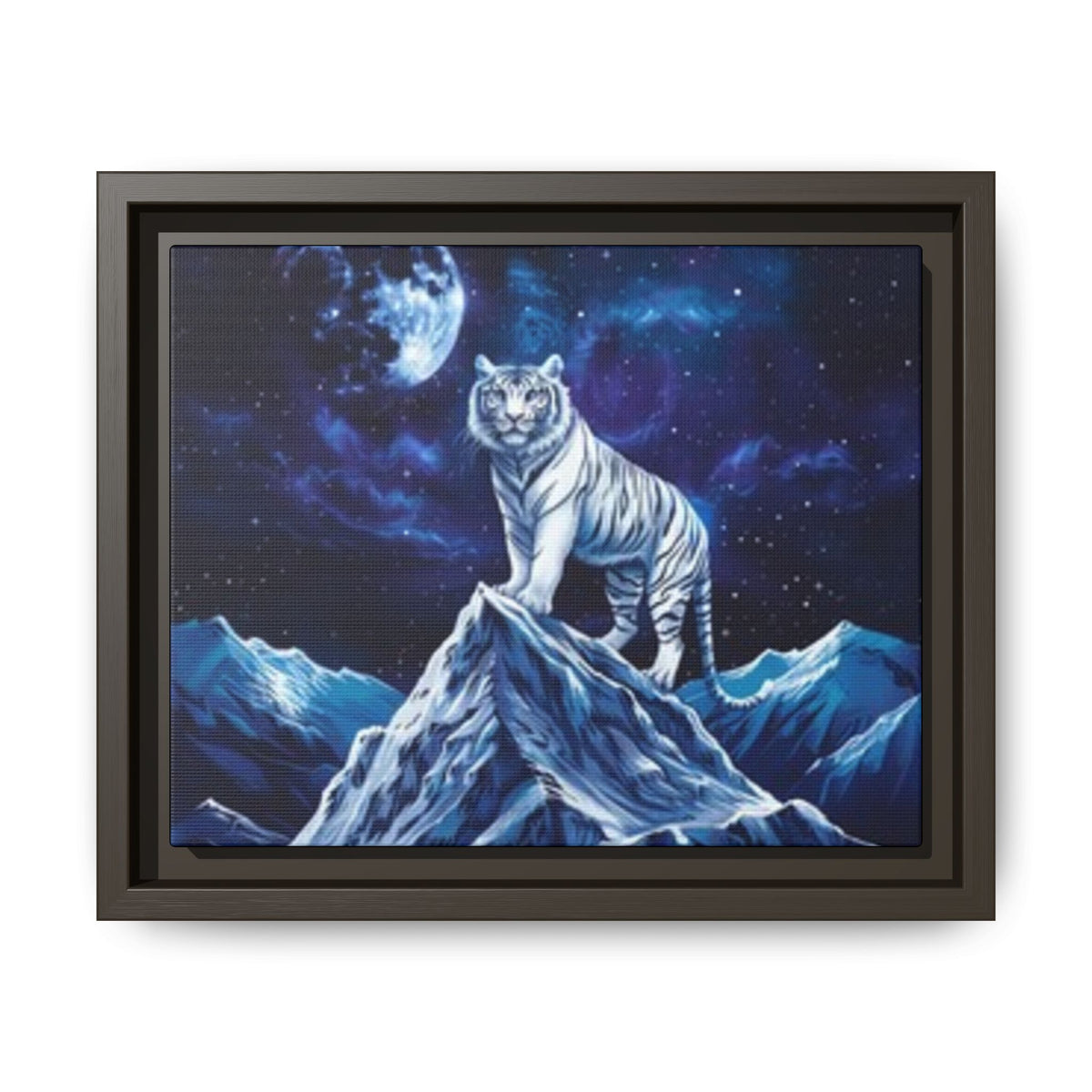 Framed Matte Canvas - White Tiger on Moonlit Mountain