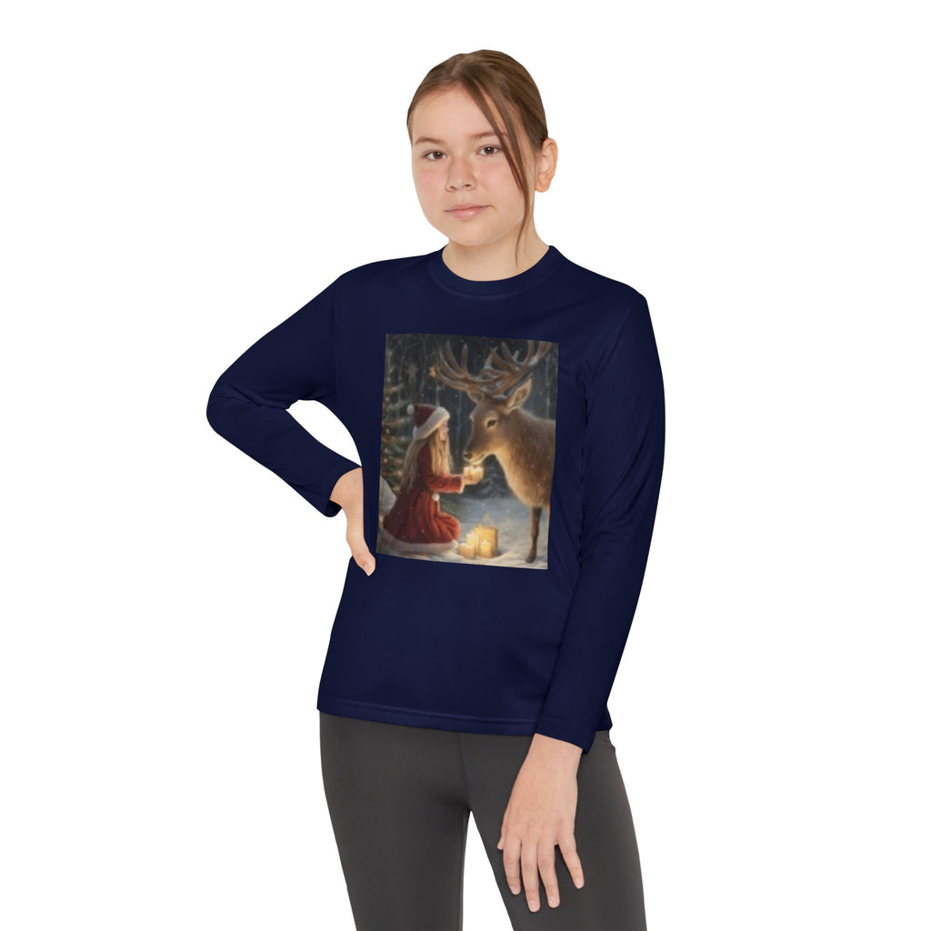 Youth Long Sleeve Tee — Girl Feeding Deer Christmas Night Scene