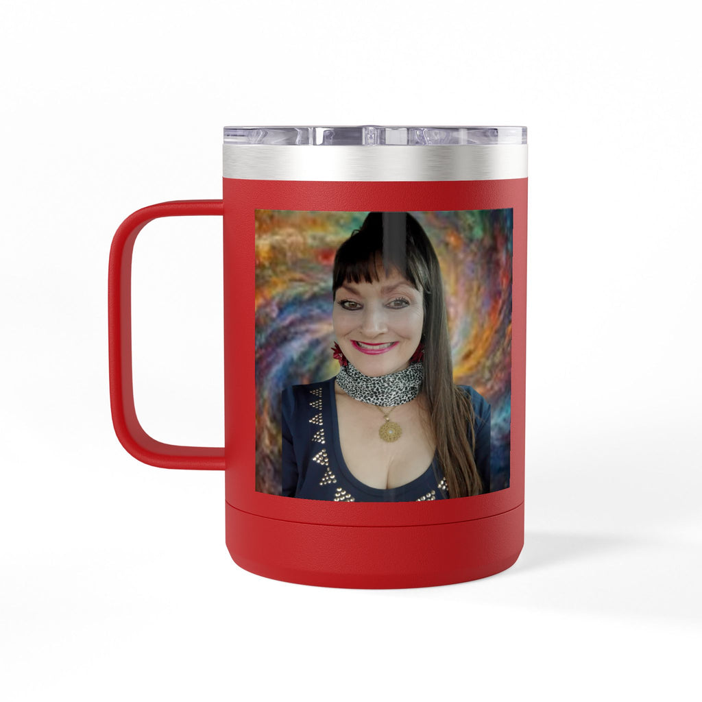Mary Jordan Custom 15oz Travel Mug Tumbler — Personalized 'Enter text' Blue Floral Design & Heart