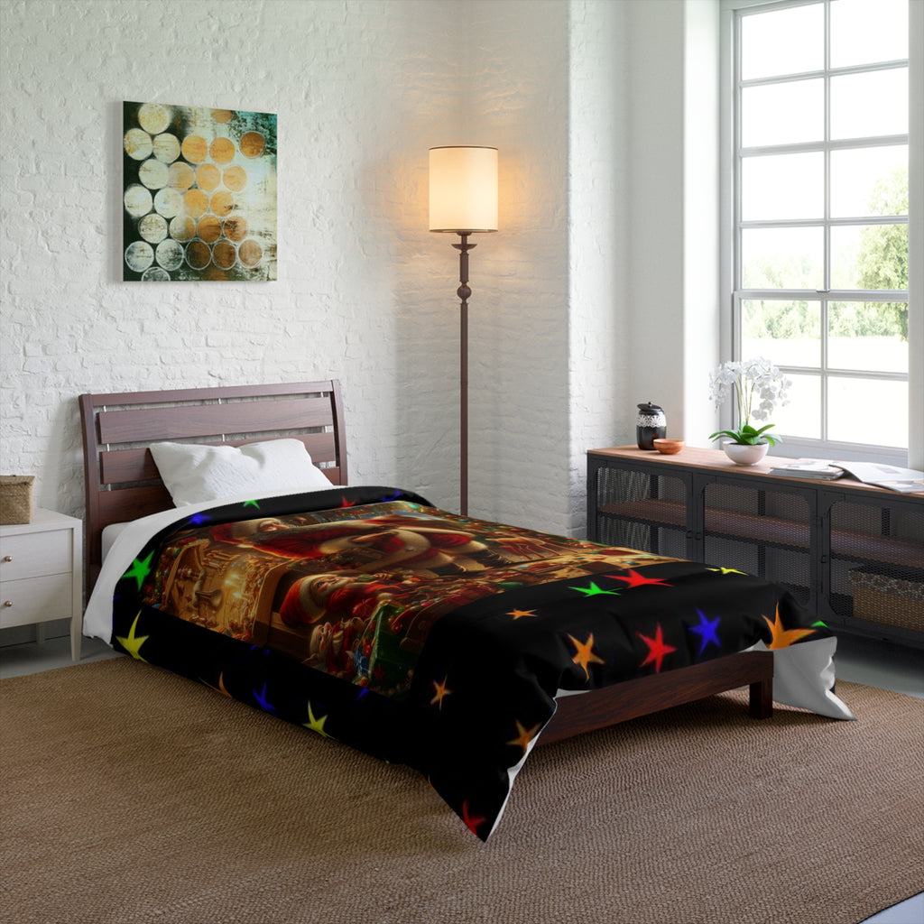 Christmas Santa's Workshop  Comforter - Festive Holiday Bedroom Quilt Cover