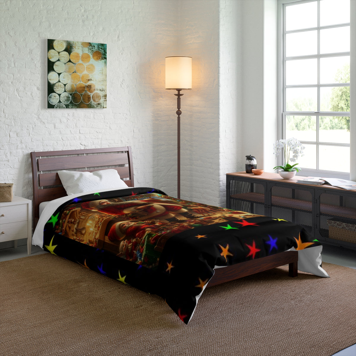 Christmas Santa's Workshop  Comforter - Festive Holiday Bedroom Quilt Cover