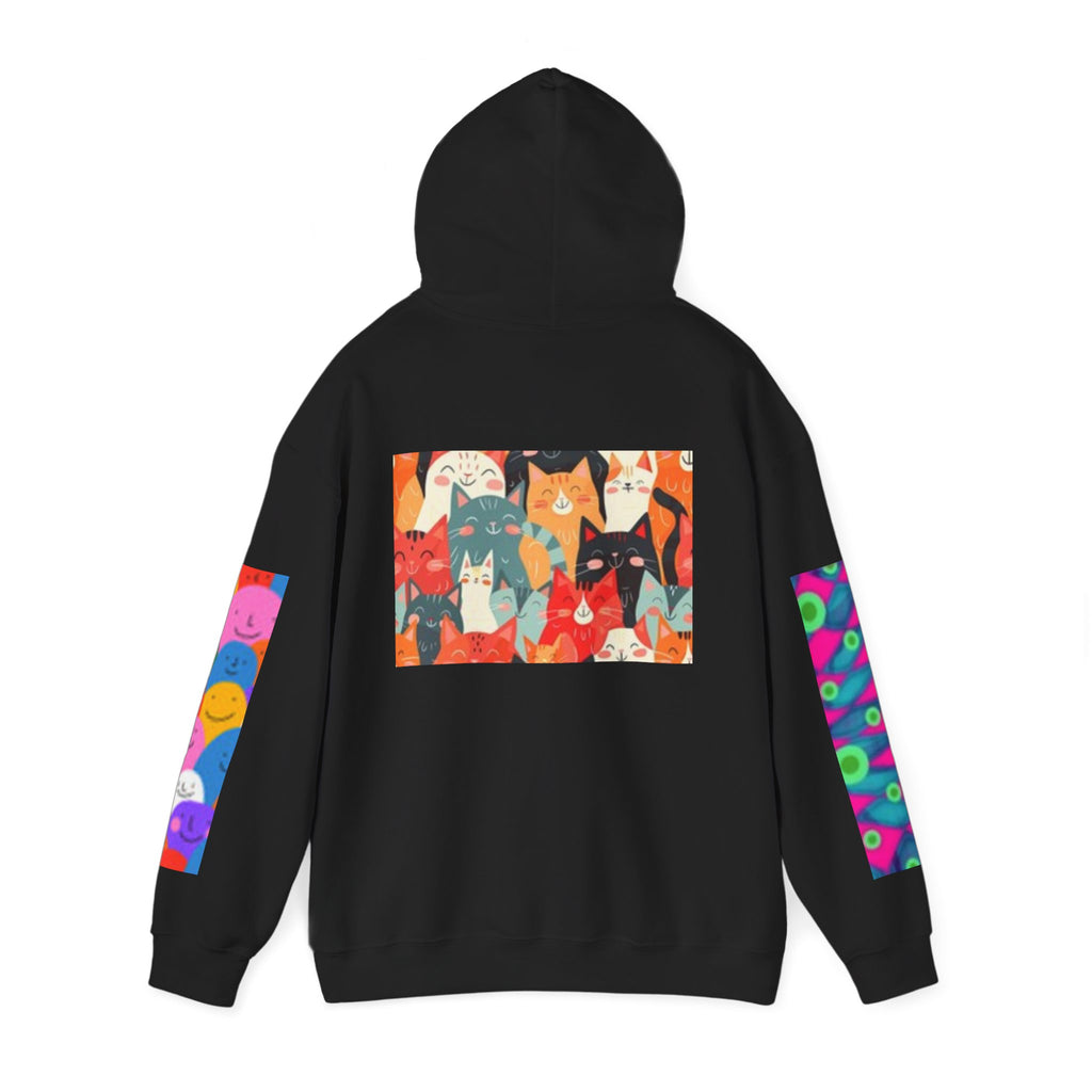 Cat Graphic Hoodie - Retro Sunglasses Cat Front & Colorful Cat Pattern Back Sweatshirt