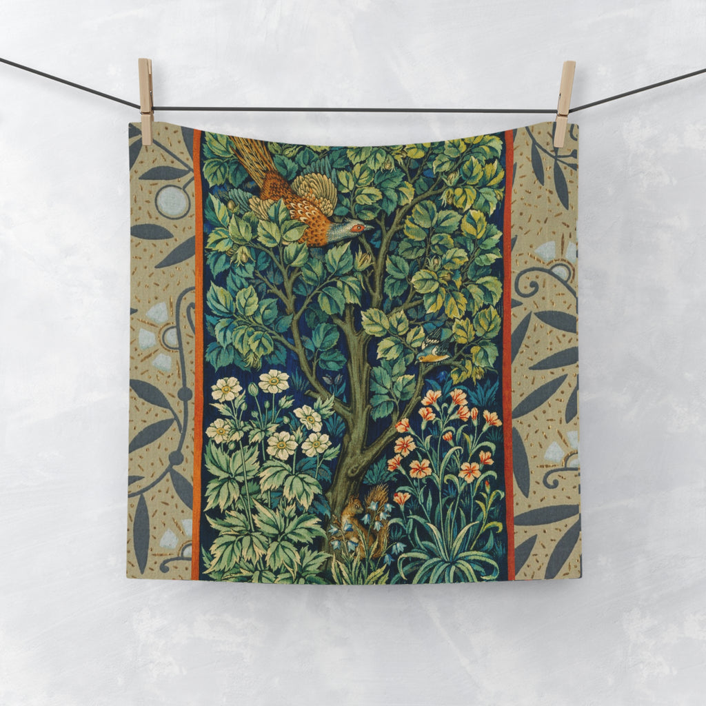 Vintage Botanical Face Towel — William Morris Style Tree & Bird Floral Design