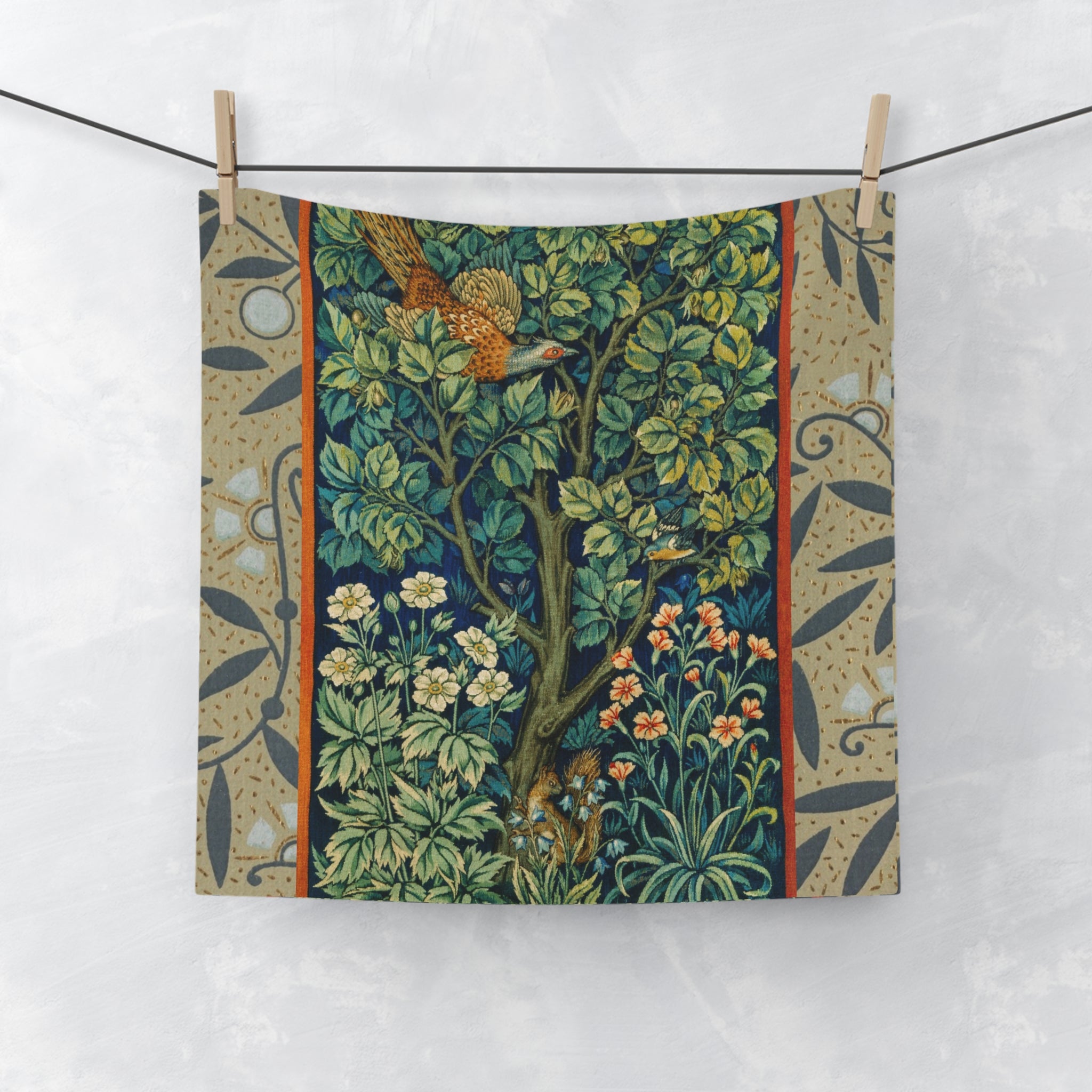 Vintage Botanical Face Towel — William Morris Style Tree & Bird Floral Design
