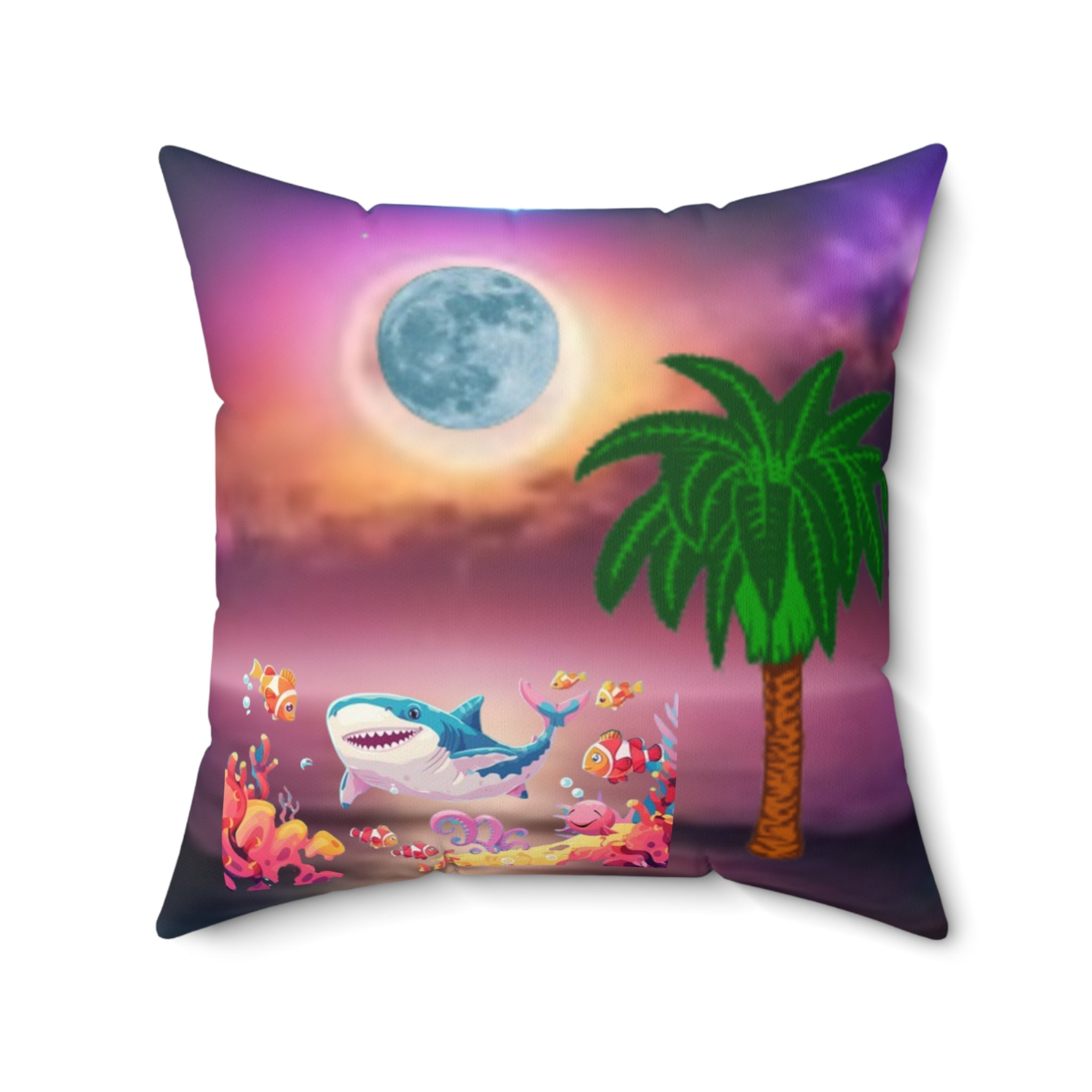 Square Pillow — Surreal Moonlit Beach Design (Butterfly, Fish & Palm)