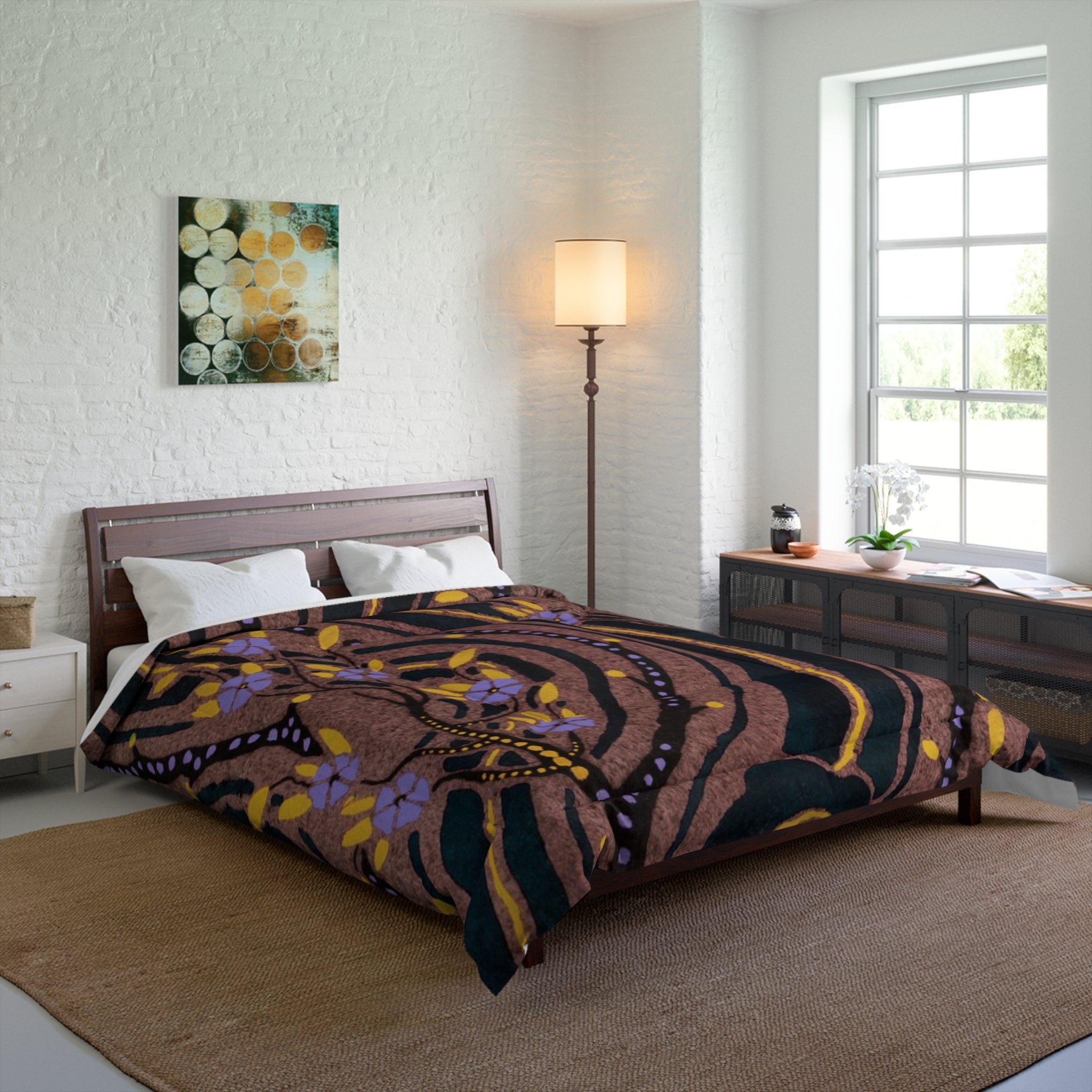 Bohemian Swirl Floral Comforter — Purple & Gold Abstract Bedspread