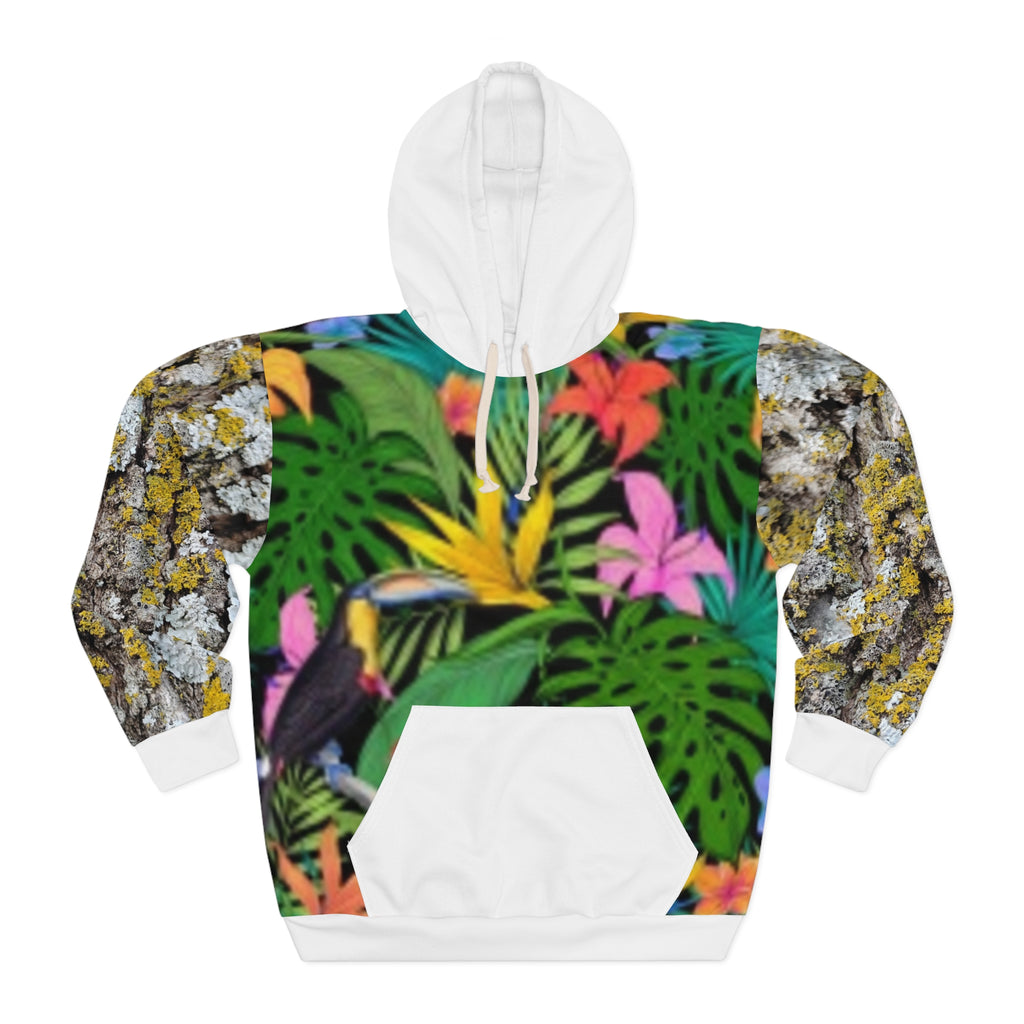 Tropical Floral & Moss Bark Hoodie — Vibrant Jungle Print Pullover