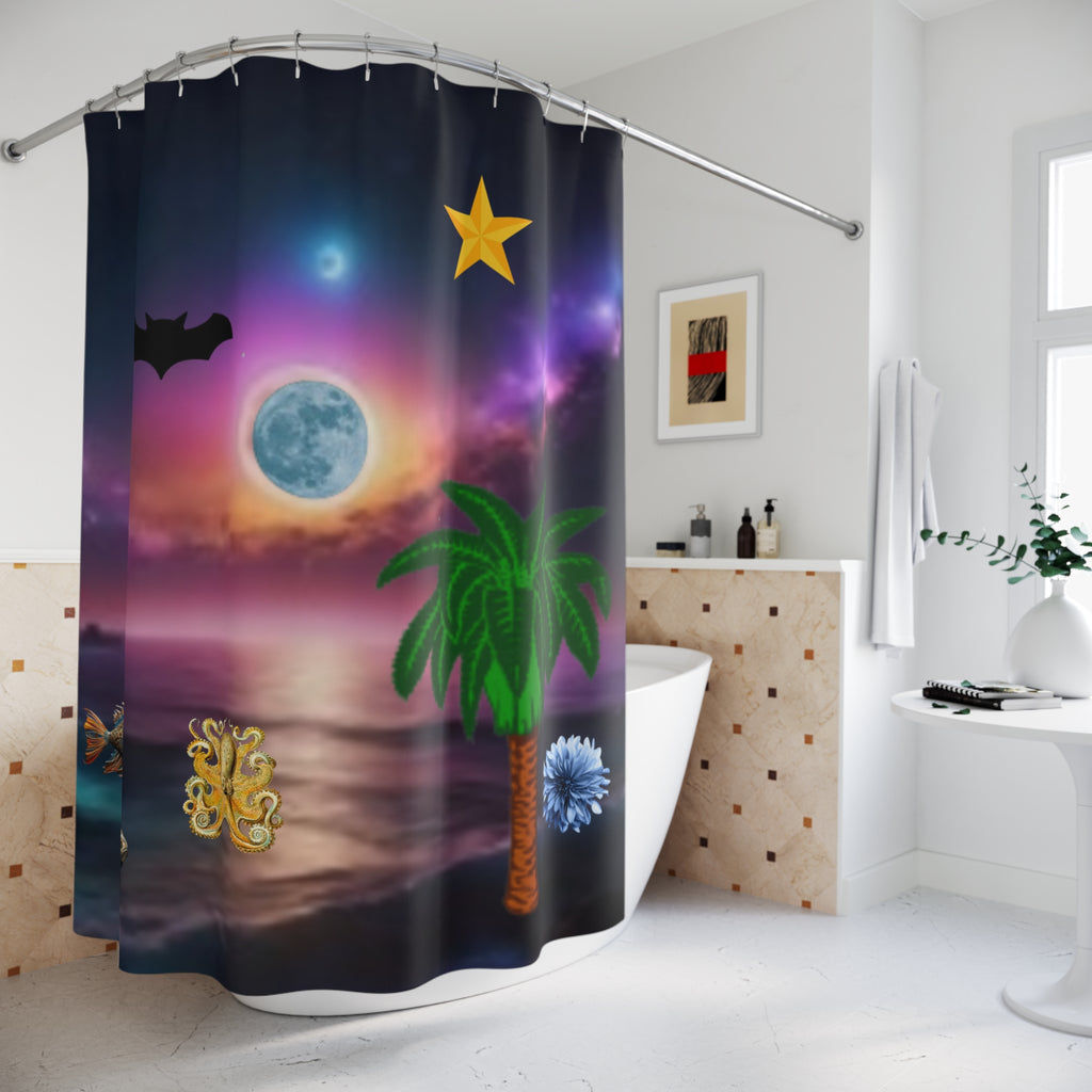 Tropical Night Sky Shower Curtain — Moonlit Ocean, Palm Tree & Stars Bathroom Decor