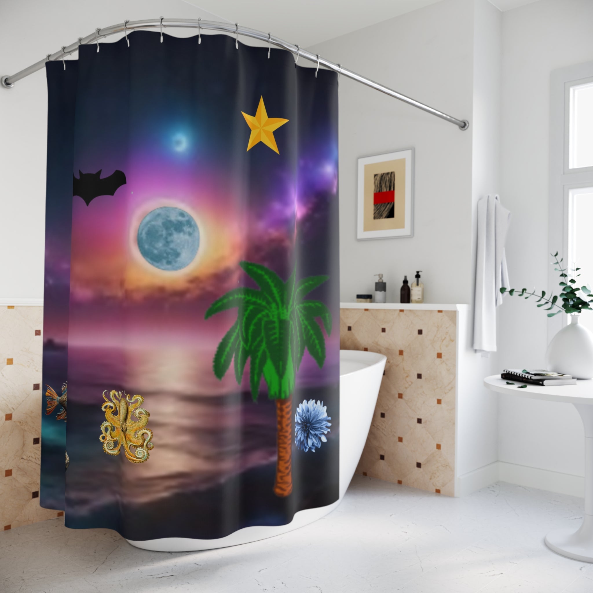 Tropical Night Sky Shower Curtain — Moonlit Ocean, Palm Tree & Stars Bathroom Decor