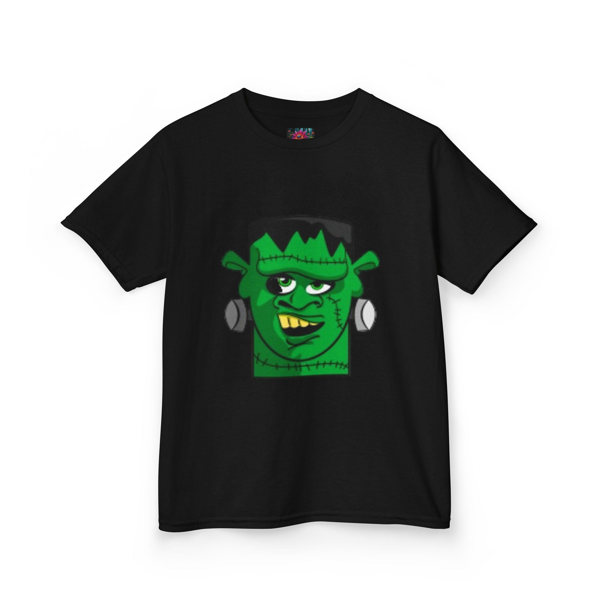 Kids T-shirt— Cute Frankenstein Face Front & Enchanted Forest Back