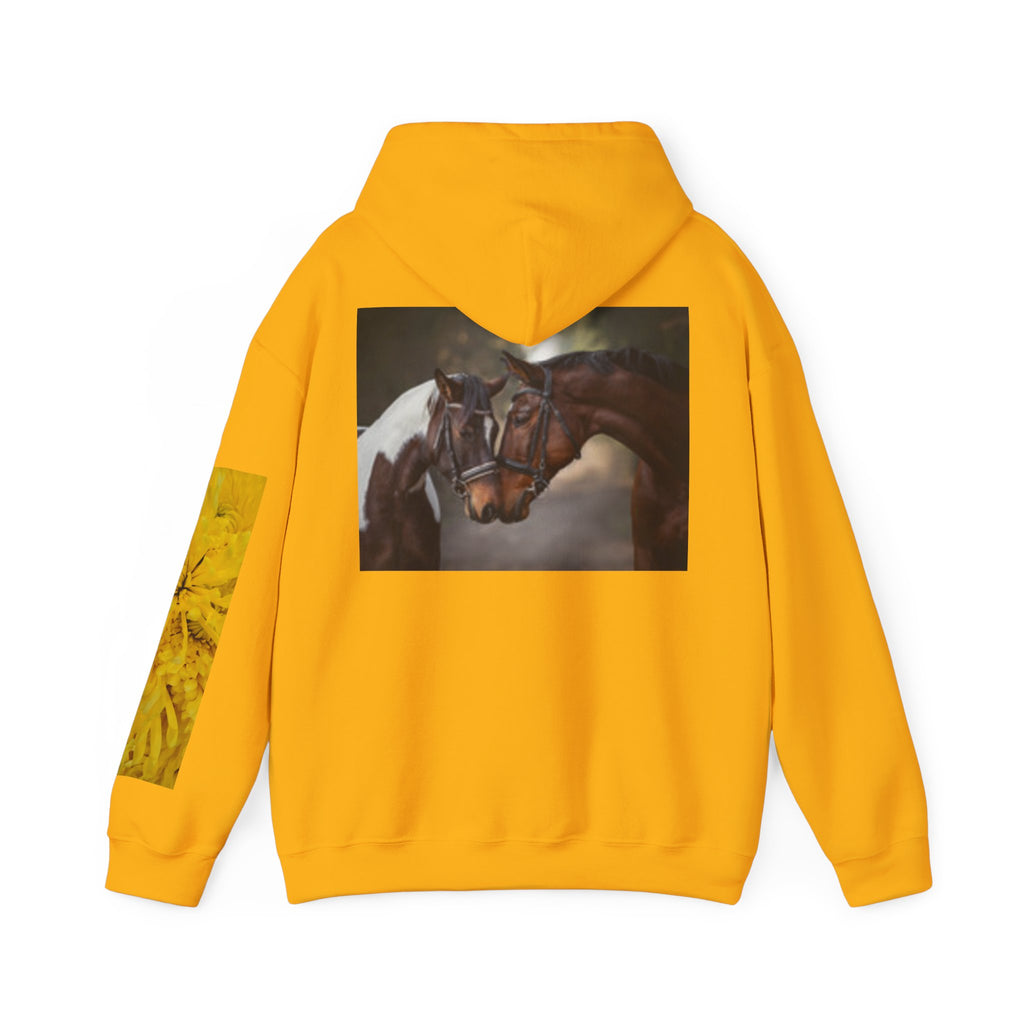 Sunrise Meadow & Horse Graphic Hoodie — Scenic Sunset Landscape and Saddled Horse Print