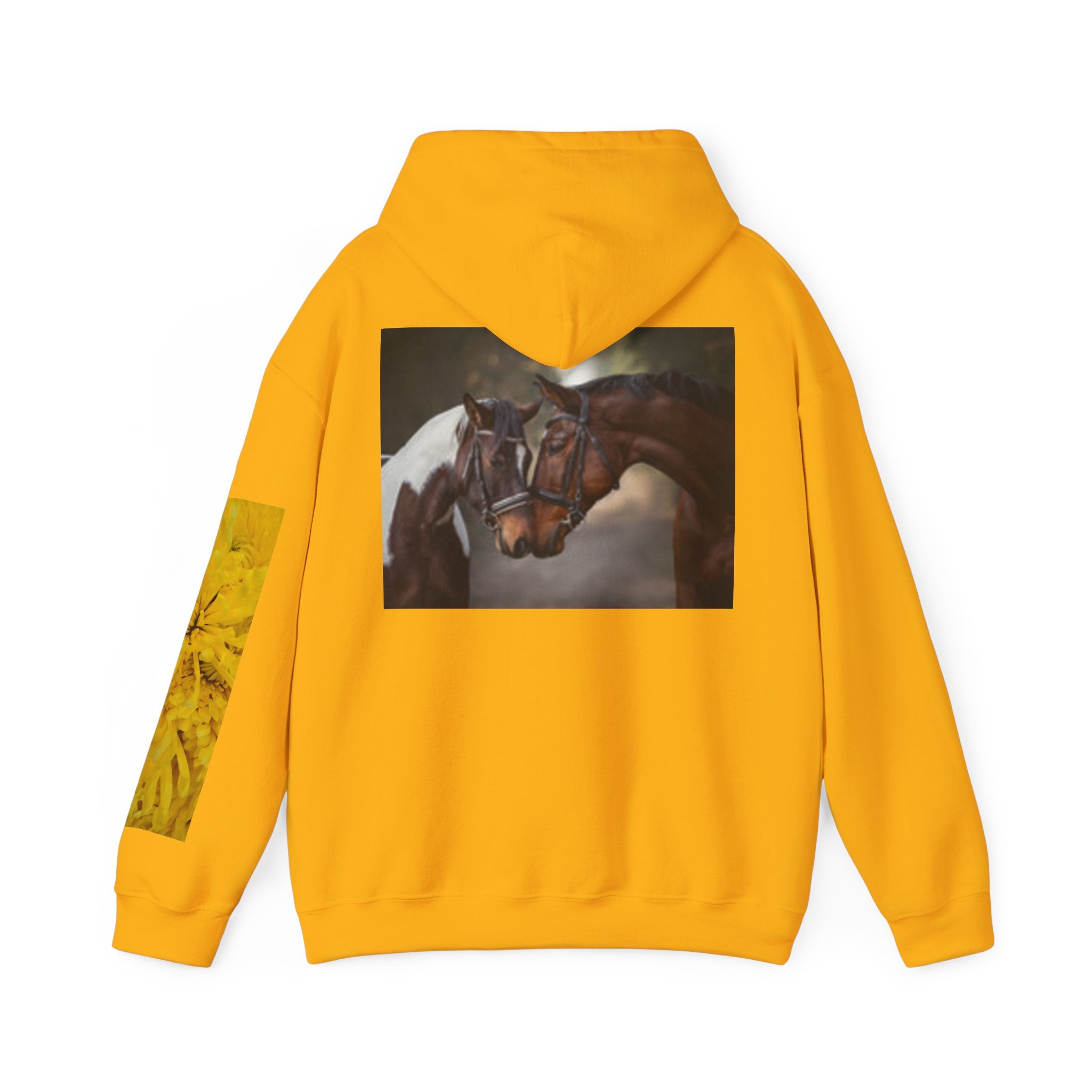Sunrise Meadow & Horse Graphic Hoodie — Scenic Sunset Landscape and Saddled Horse Print