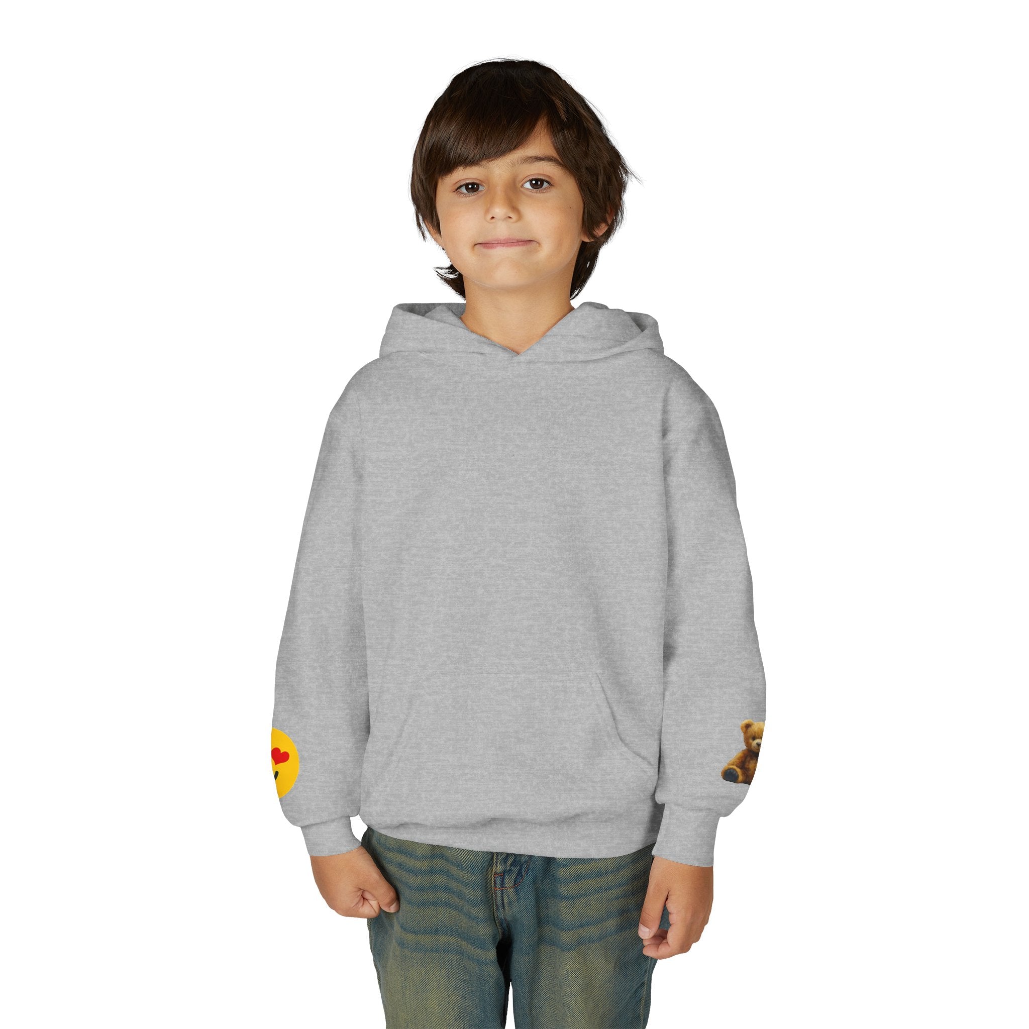 Youth Hoodie with Teddy Bear & Heart-Eyes Emoji Sleeve Accents