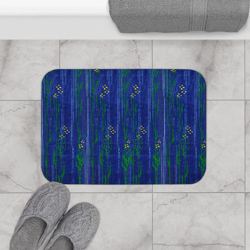 Blue Floral Bath Mat — Deep Sea Indigo Patterned Bathroom Rug