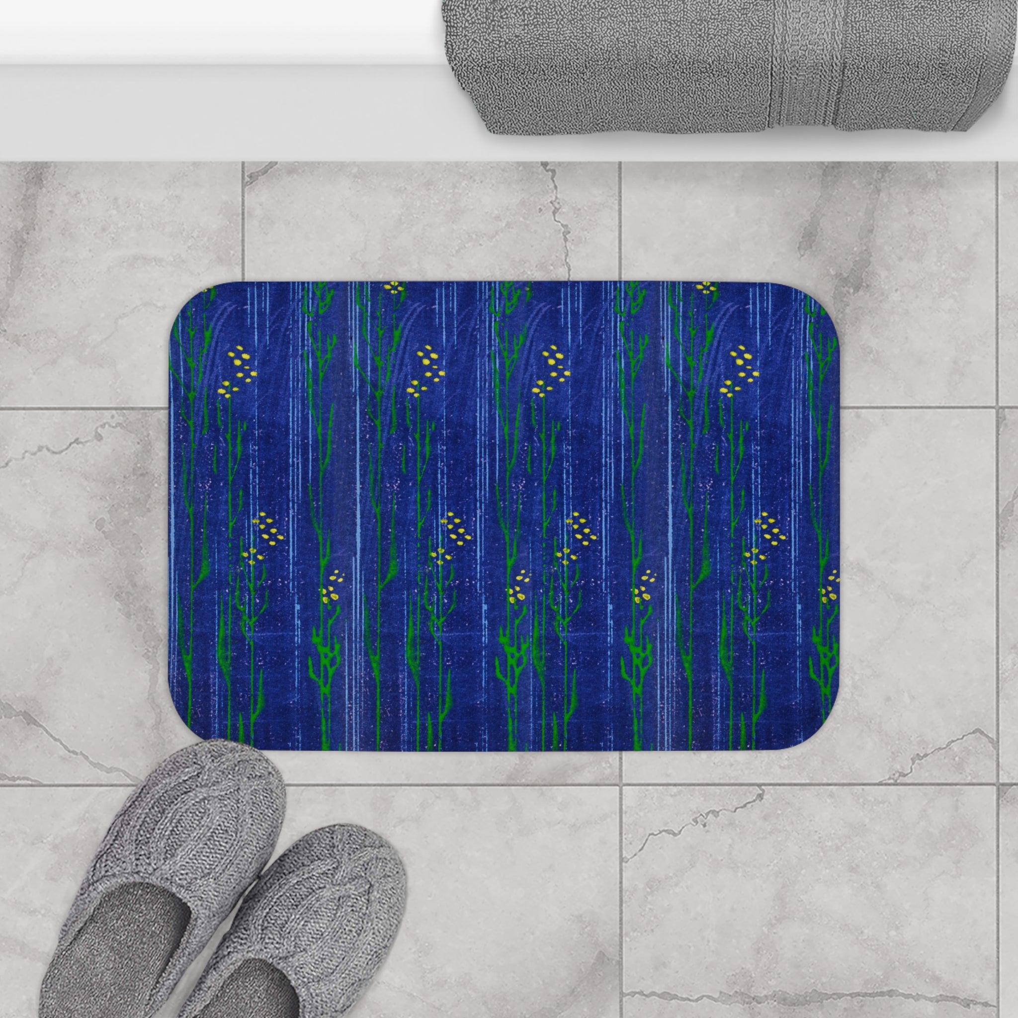Blue Floral Bath Mat — Deep Sea Indigo Patterned Bathroom Rug