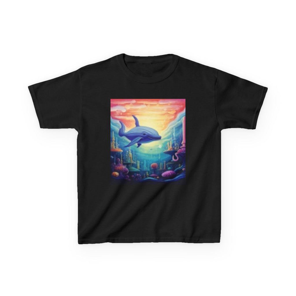 Kids Dolphin Sunset & Shells T-Shirt — Colorful Underwater Ocean Scene