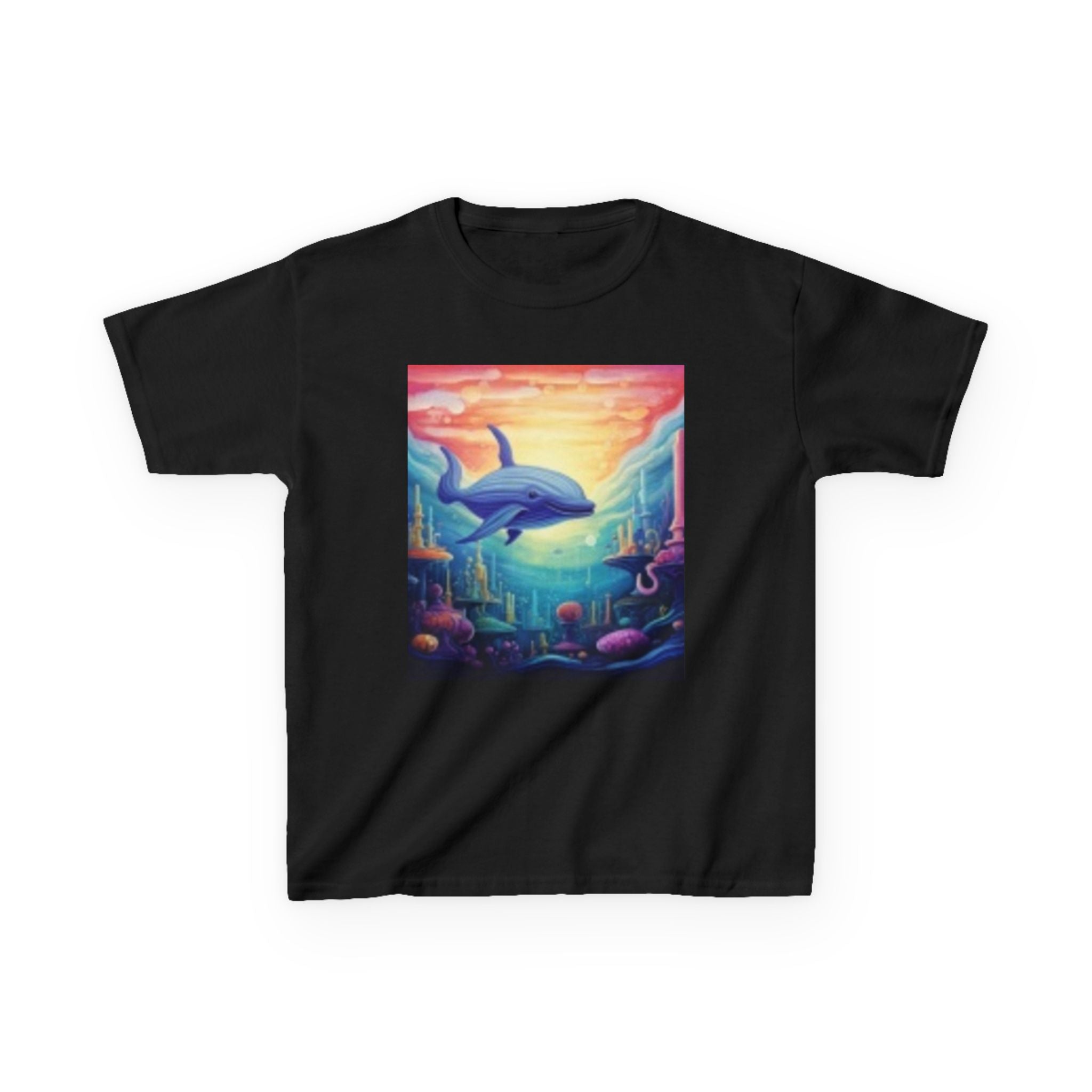 Kids Dolphin Sunset & Shells T-Shirt — Colorful Underwater Ocean Scene