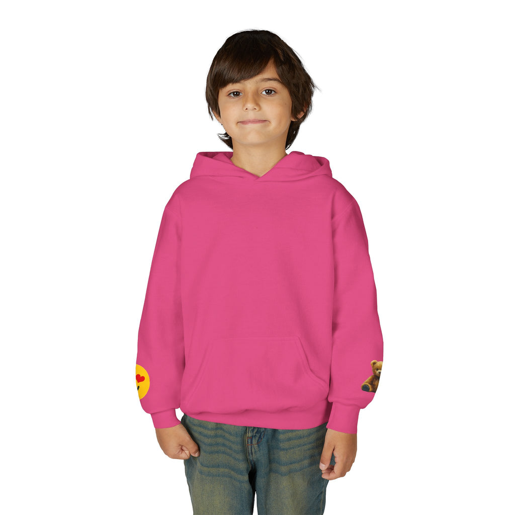 Youth Hoodie with Teddy Bear & Heart-Eyes Emoji Sleeve Accents