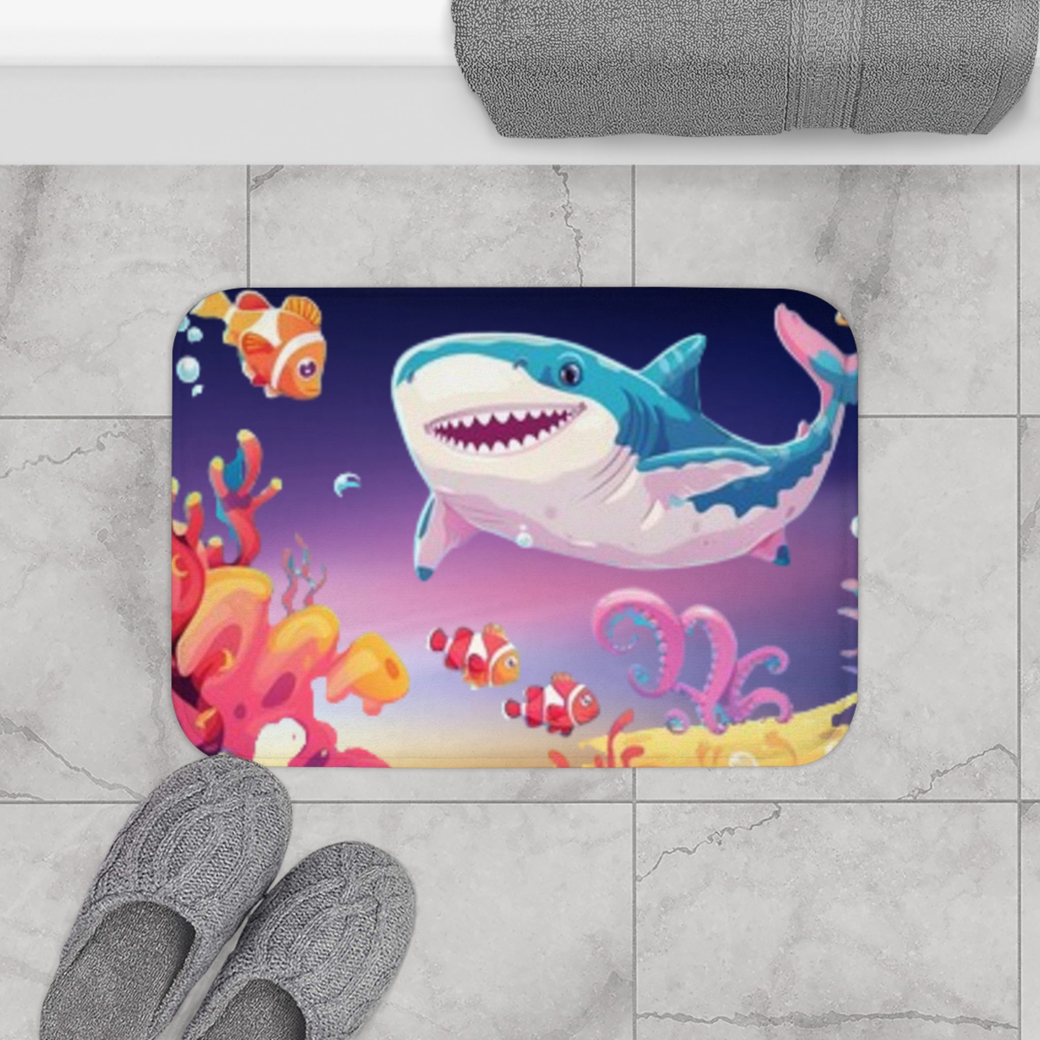 Cute Shark Bath Mat — Colorful Underwater Coral & Clownfish Kids Bath Rug