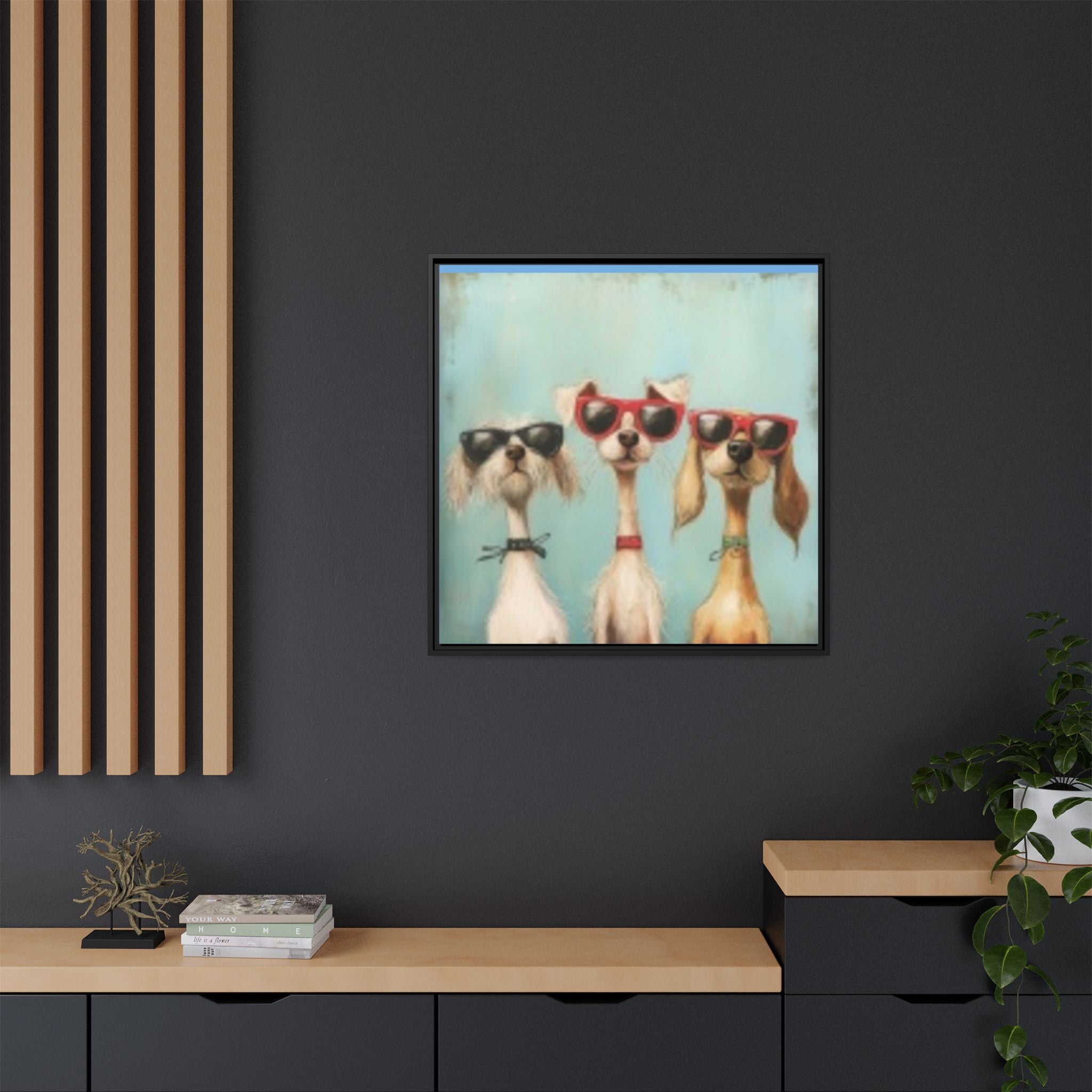 Framed Matte Canvas — Three Cool Dogs in Sunglasses Wall Art