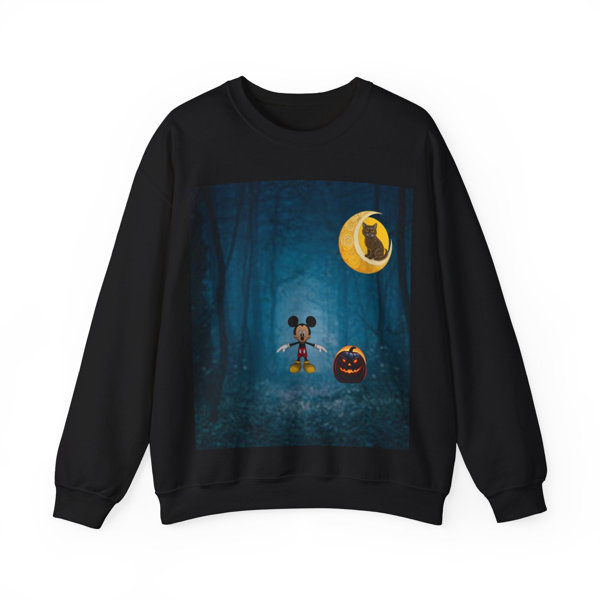 Mickey Mouse Pumpkin  Black Cat Mystic Moonlit Forest Sweatshirt — Atmospheric Blue Fog Crewneck