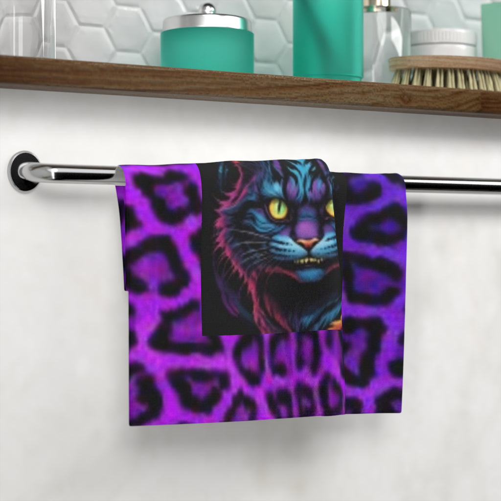 Neon Leopard Cat Face Towel — Vibrant Retro Cat Hand Towel