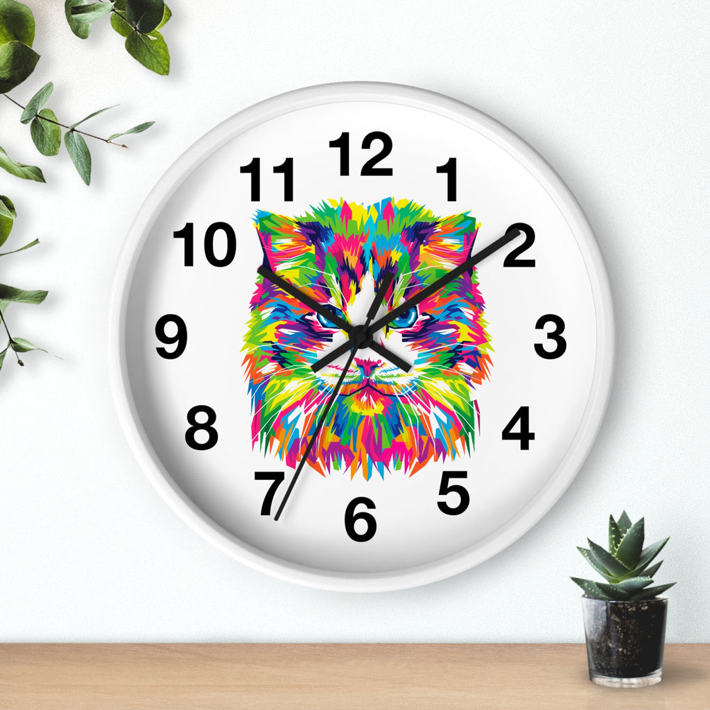 Colorful Cat Wall Clock — Vibrant Pop-Art Cat Face Timepiece