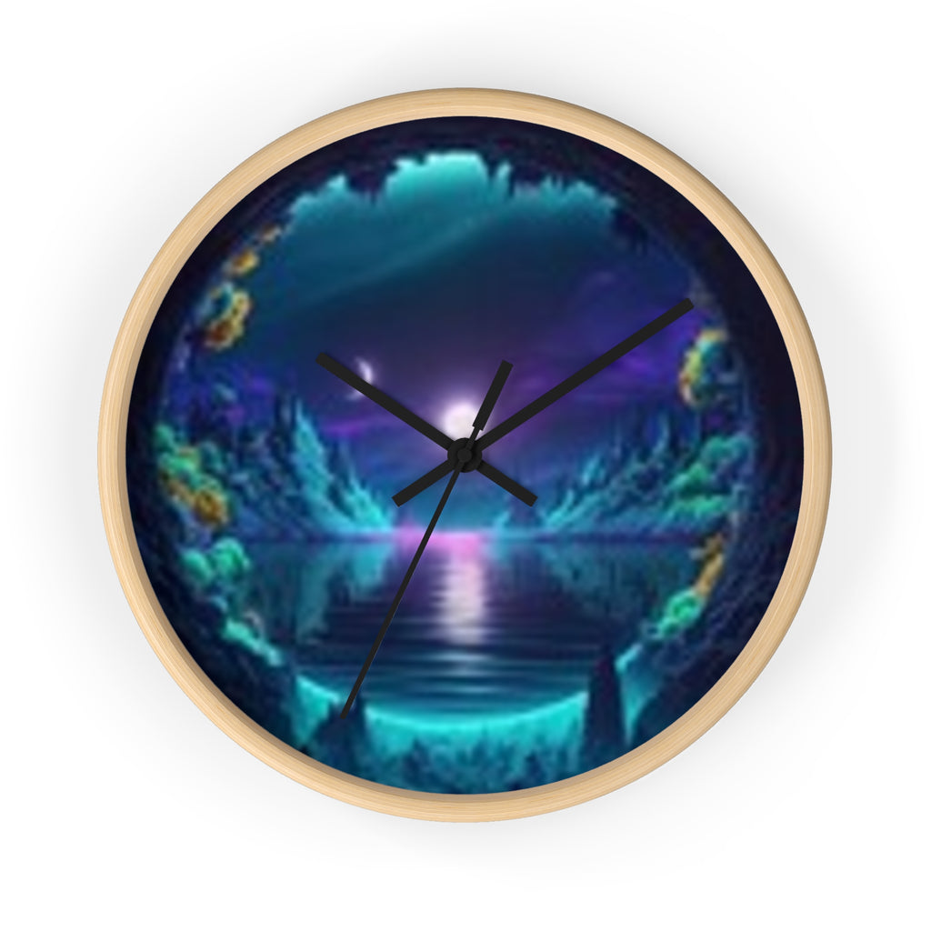 Mystic Cavern Wall Clock — Neon Moonlit Lake Art